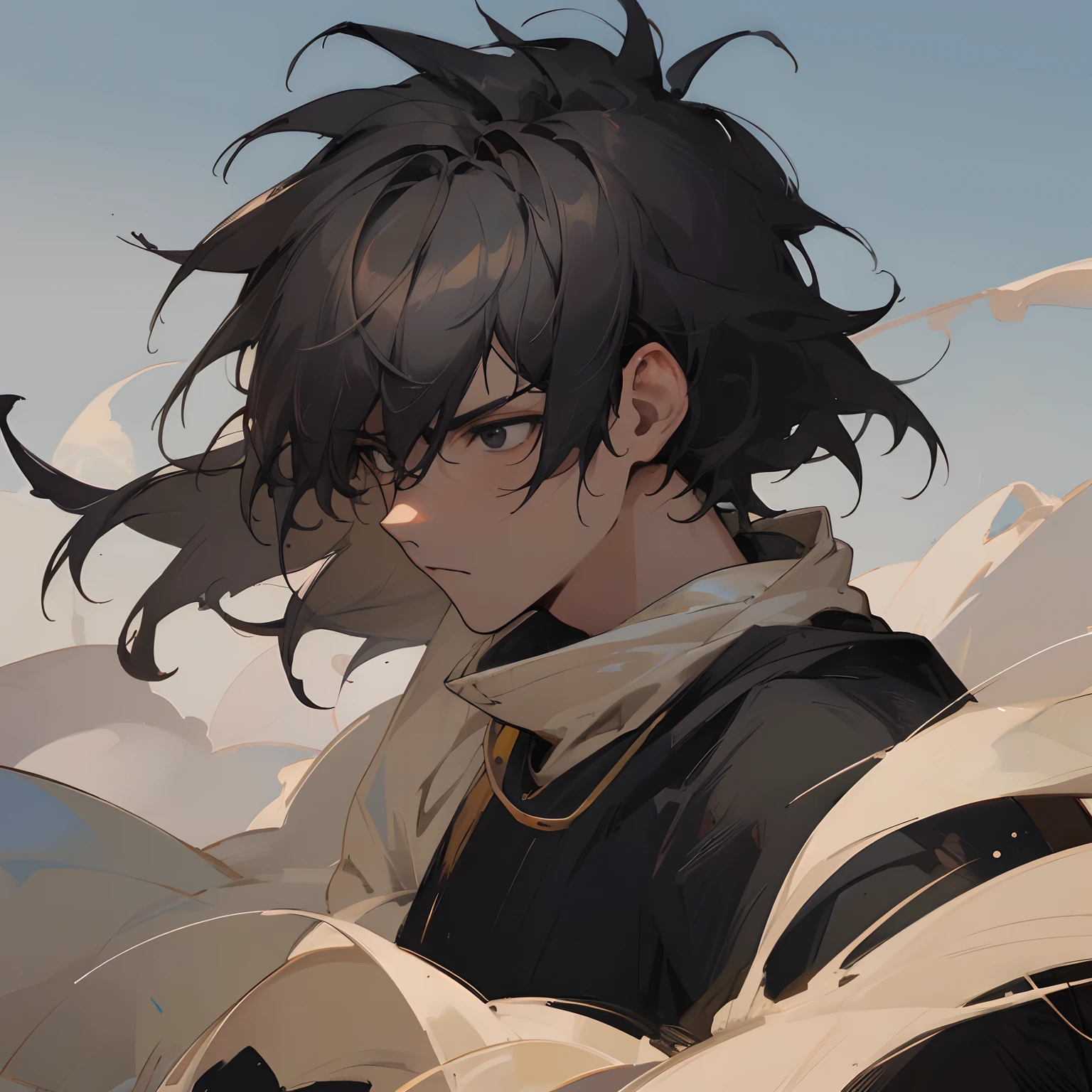 (best quality,4k,8k,highres,masterpiece:1.2),ultra-detailed,,1male,black hair,black eyes,messy hair,white and black unique combat clothing ,Sunny background,somber expression,ninja clothing,young male,village background,portraits,vivid colors,soft lighting, dark skin