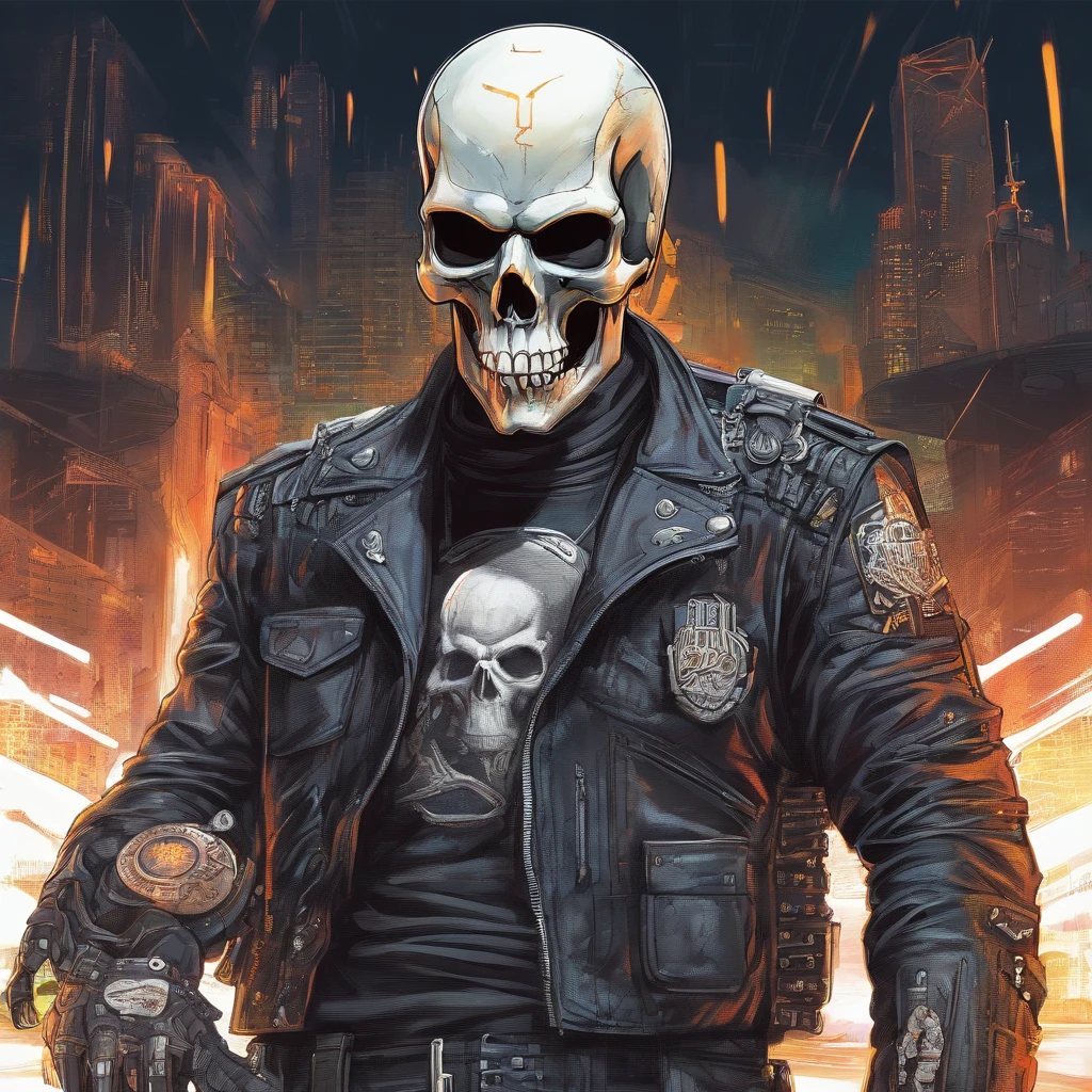 1 Highly Reflective Chrome Skull Head Member Of Male Cyberpunk Motorcycle Gang With LED-Illuminated Cybernetic Prosthetic Arms Housing Retractable Concealed Weapons And Glowing White Eyes, All black leather and motorcycle vest with skull embroidered motorcycle patch emblem embossed on the back, ( folha de caracteres, headpe, back, lado, traseira), Full Shot Full Body Portrait Character Design Schematic Shot, highly reflective chrome skull, cyberpunk, motorcycle gang member head with bright white eyes with detailed illuminated cybernetic arms, visually illuminated holster gadgets wearing black leather and motorcycle vest with embroidered skull motorcycle patch engraved on the back;. Insanely detailed matte paint with rough strokes and textures, Stephen Gammell, Daheny Pinho, Jeremy Mann, Alex Maleev, carne_Griffiths, 16k resolution, oil on the canvas, belas artes, luz super eficiente, foco nítido, Grain, Approaching perfection, a million details, max quality. (master part: 1.2), (best quality: 1.3).