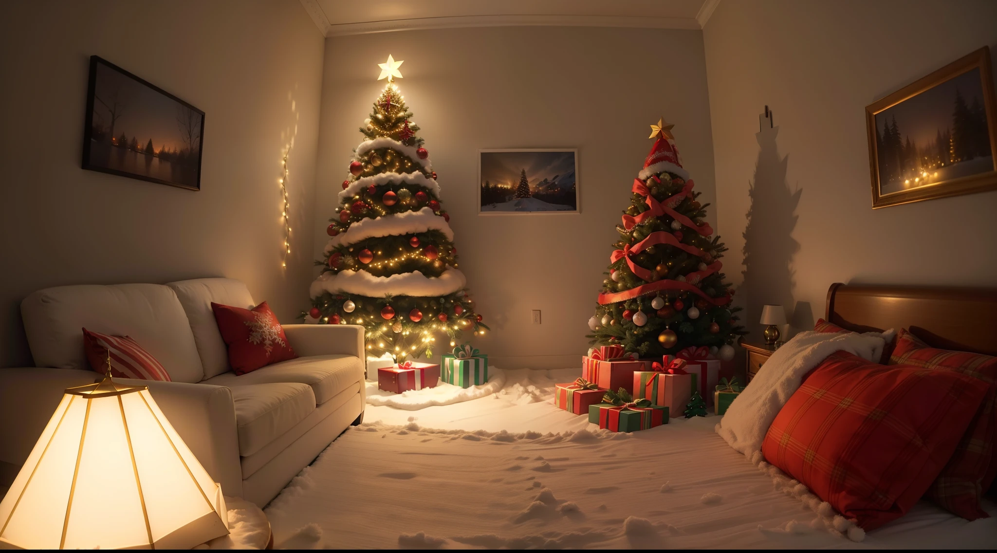 best qualtiy,16k,8K,True exposure,Ray traching,Excellent image quality,Christmas,Christmas atmosphere,A real Christmas tree,pompon,bell,Luminous colored light bar,inside in room,Chilling,Santa Claus hat,Christmas decorations are hung on the wall,snowflower