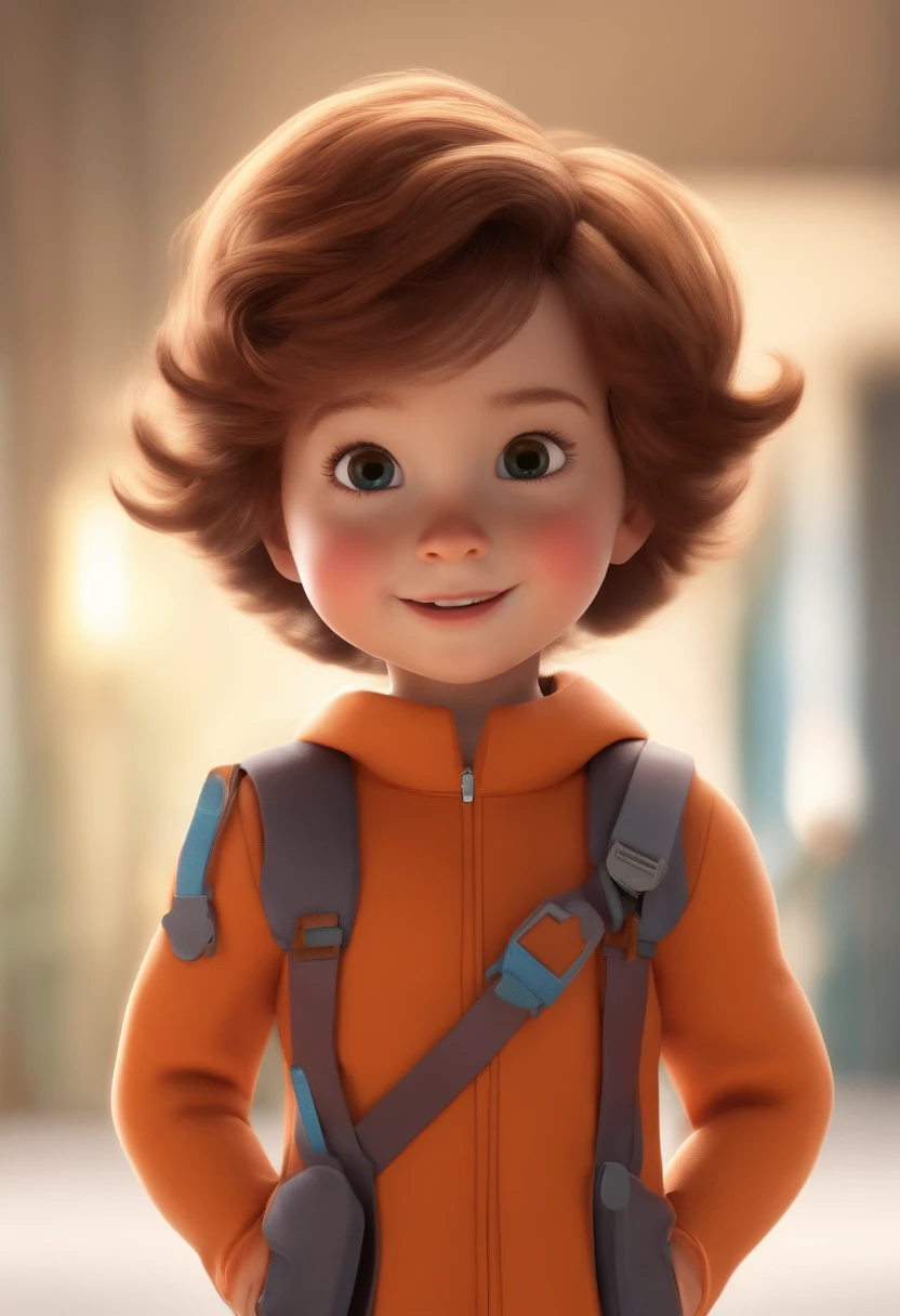 a happy cute kid standing short hair, vestindo uma fantasia espacial, , fundo branco, barnet, tom, Estilo Pixar, ..3d, desenhos animados, rosto detalhado, asymmetrical 16k