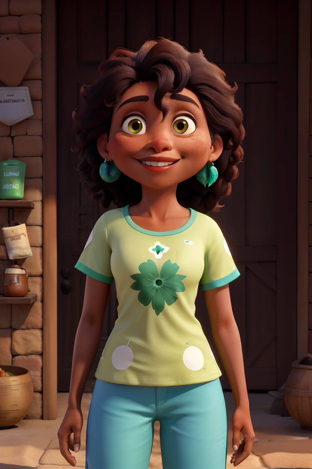 A woman with indigenous features, cabelos pretos e curtos acima dos ombros, usando blusa verde, batom vermelho, sorrindo e segurando um buque de bombons. Cocoa background and written Cocoa Petals