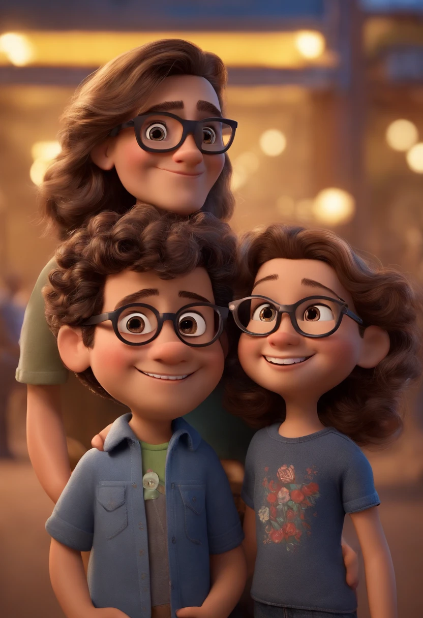 Pixar. Casal com dois filhos. A menina tem os cabelos castanho amarrados, Camiseta cinza e jeans claro, black glasses. The brown-haired boy in curls, Dark blue jeans and gray t-shirt. They are both smiling and are 40 years old