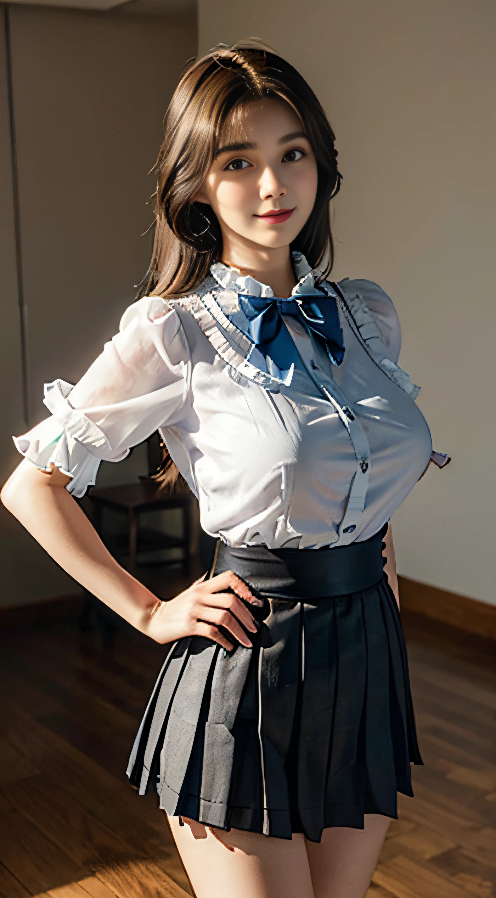a closeup, ​masterpiece, top-quality, FULL ANATOMY、Raw foto, Photorealsitic、(Cute little face:1.7)、(Very cute smile:1.7)、(with round face:1.8)、(She has a cute face like an idol、double tooth:1.3), A dark-haired、(Superhero,Tokusatsu Pink、Pink Ranger:1.4), depth of fields, hight resolution, ultra-detailliert, finely detail, ighly detailed, extremely detailed eye and face, Realistic pupils, foco nítido, Cinematic lighting、Big Bust、19-year-old woman、One lady、sexy  pose、 bob cuts、Curly hair、Patsun bangs、Very detailed 8k wallpaper、Plaid pleated skirt、Show me your whole body、(Plump panties:1.3)、Cute panties in light colors、White Sox、(Panties are visible from the skirt、Lift the hem of the skirt with both hands、Showing her panties to the camera）、is standing、Angle from below、(Thigh close-up、Nice figure、big breasts thin waist、Kubire、Cameltoe)、depth of fields、Bokeh in the background