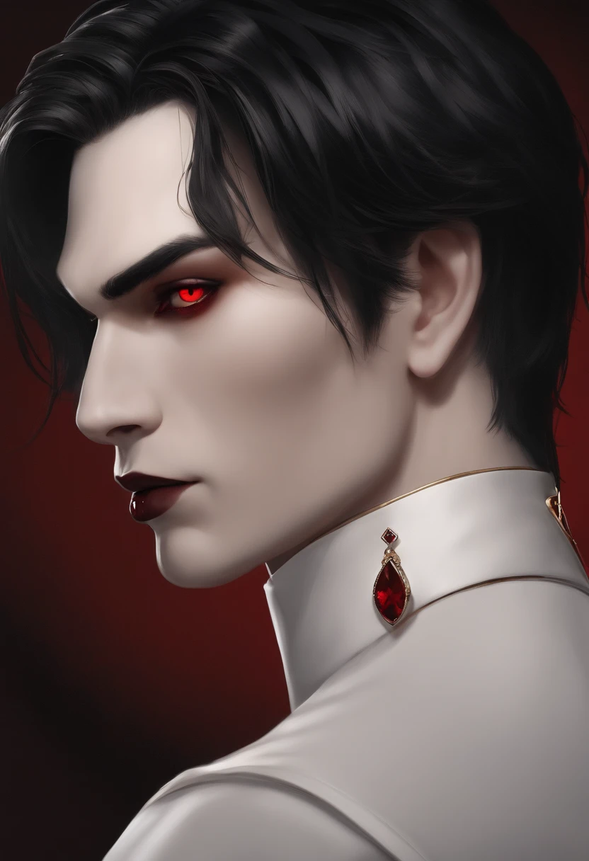 high quality photorealistic image of a man with black hair and red eyes wearing a choke, androgynous vampire, vampire of clan urban gangrel, male vampire, male vampire evil devious male, handsome male vampire, ((red)) baggy eyes, red eyes wearing goth makeup, black lipstick dark piercing eyes, with haunted eyes and dark hair. MALE gender neutral androgenous beautiful young man, sharp jaw, male features, porcelain skin