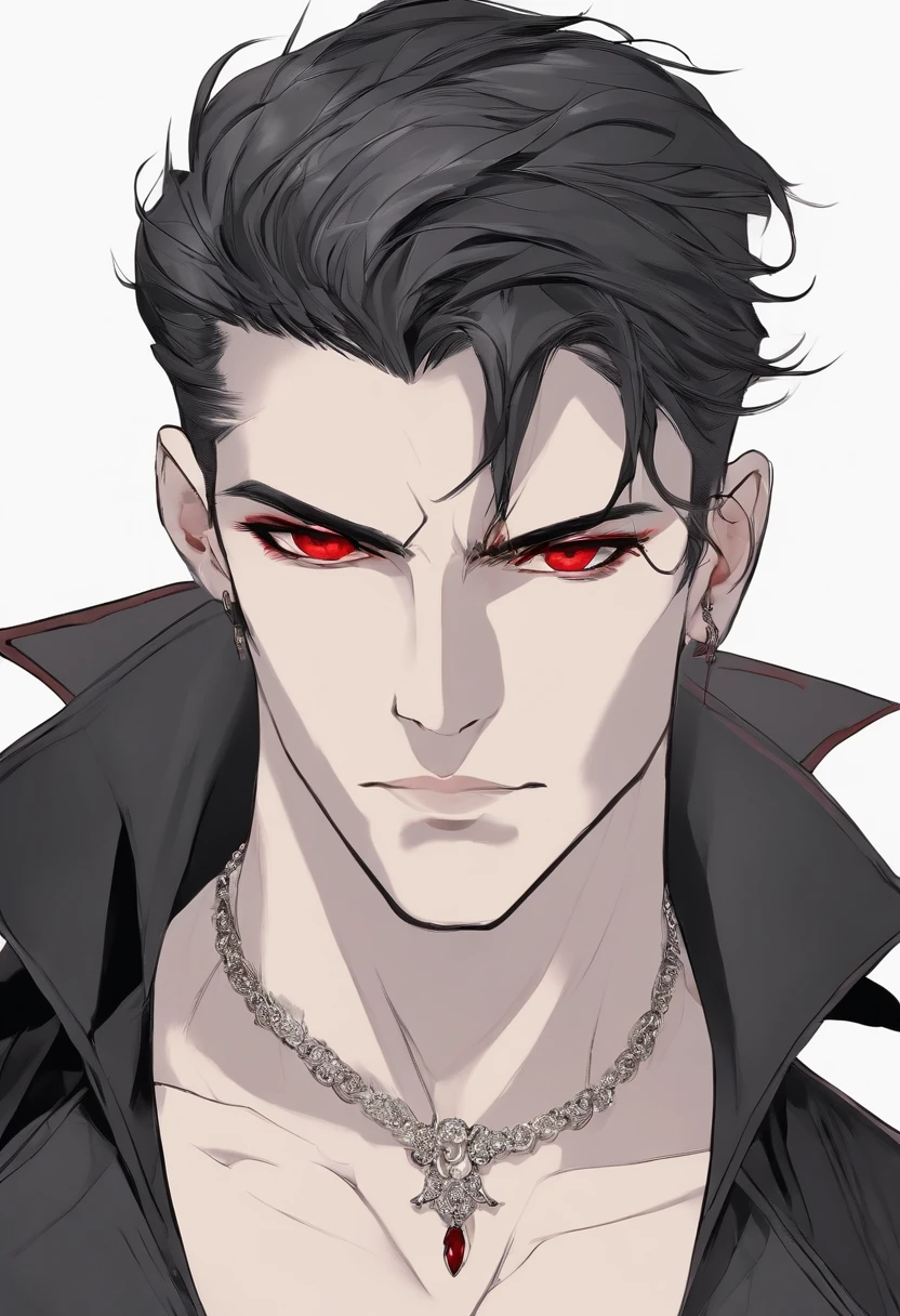 high quality photorealistic image of a man with black hair and red eyes wearing a choke, androgynous vampire, vampire of clan urban gangrel, male vampire, male vampire evil devious male, handsome male vampire, ((red)) baggy eyes, red eyes wearing goth makeup, black lipstick dark piercing eyes, with haunted eyes and dark hair. MALE gender neutral androgenous beautiful young man, sharp jaw, male features, porcelain skin