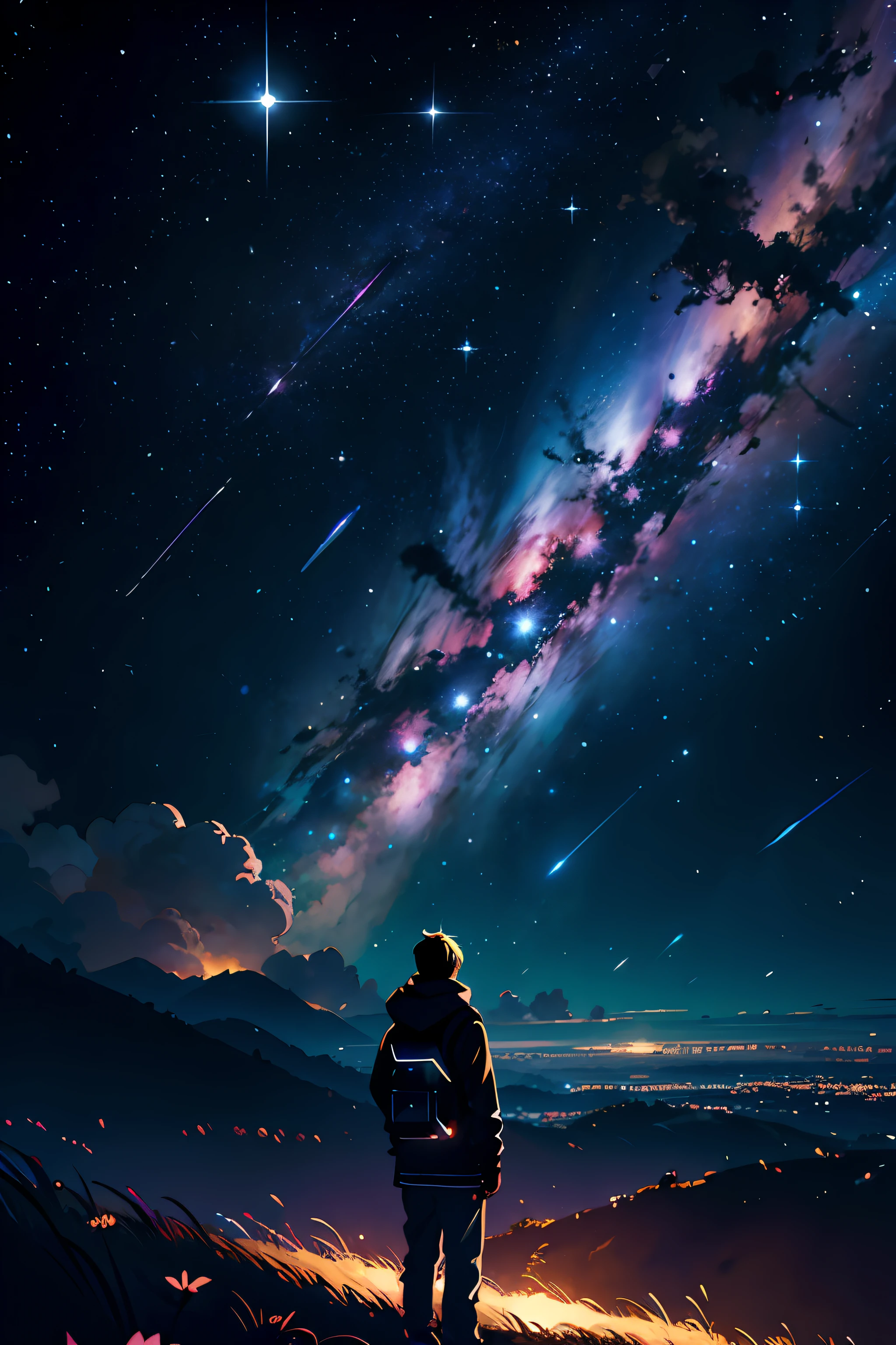 1menino, solo, standingn, outer space, estrela gigante, estrela brilhante, dim sky, roupas de nobre, roupa branca, roupa dourada, roupa preta, yggdrasil tree, giant tree, estrelas menores, (8k super detalhado), (obra-prima), ((obra-prima)), ((cinematic quality)), personagem olhando para a tela, Character in space, fora do planeta, Character flying in space, estrelas de fundo, yggdrasil de fundo, Dark sky around, Dark sky background, nuvens escuras, nuvens claras, personagem de luz, personagem iluminado, personagem brilhante, destaque aos elementos de fundo, destaque ao personagem masculino