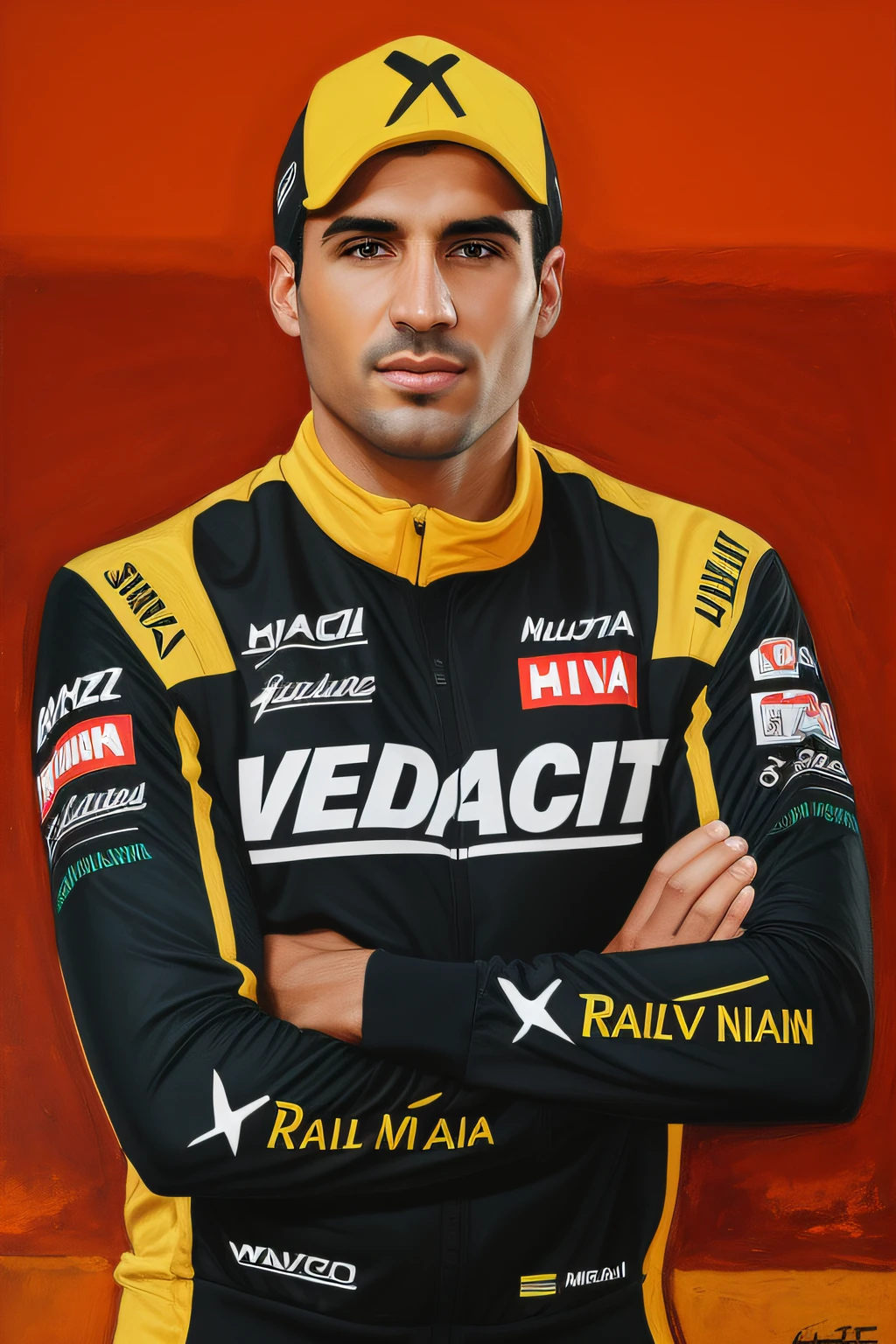 There's a man in a yellow and black jogging suit, Rali de Theodore, atleta, retrato!!!, Vitaly Bulgarov, David Palladini, Kenny Schar, octano Rander, Miguel Vicente, retrato!!!!, vincenzo riccardi, Piotr Jablonski, full protrait, Paulo Pepera, Corrida, Toninho Matelli, Darius Zawadzki