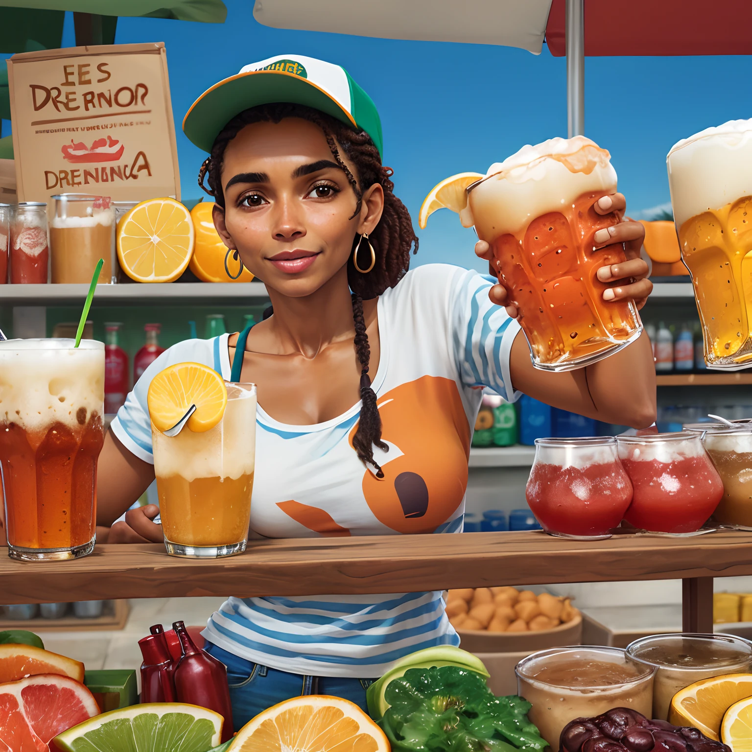 Personagem tomando cerveja na frente de uma distribuidora de bebidas em formato de conteiner