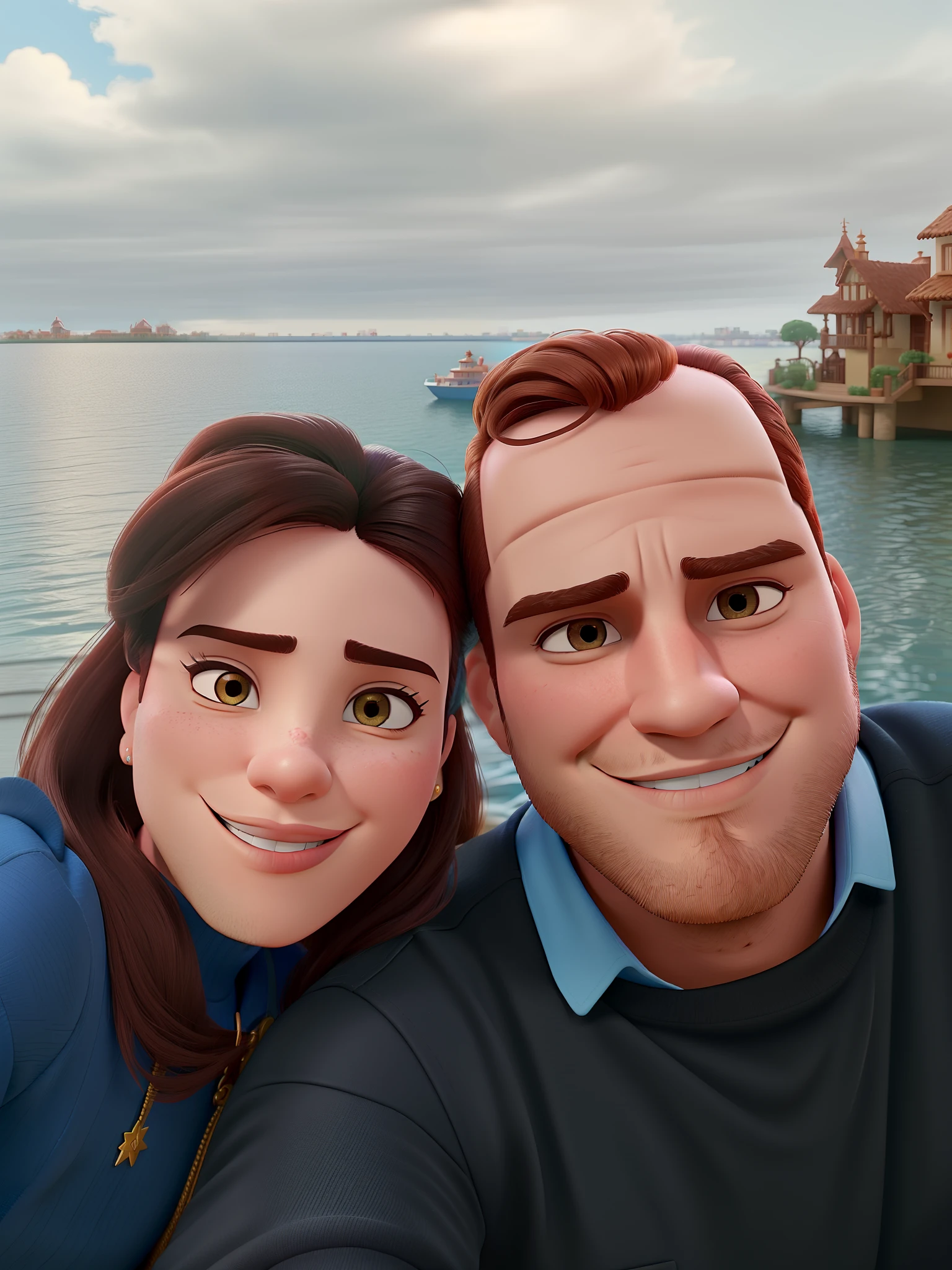 Casal (homem moreno e mulher branca) no estilo Disney Pixar, alta qualidade, melhor qualidade.