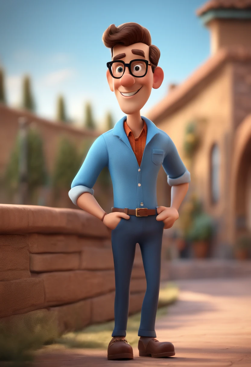 Cartoon character of a man with black glasses and a blue shirt, animation character, Caractere estilizado, animation style rendering, 3D estilizado, Arnold Maya render, 3 d render stylized, toon render keyshot, Personagem 3D, Personagem 3D, 3d rendering stylized, 3 d character render, personagem de desenho animado, Personagem de close up, Pose de personagem,  (Estilo Pixar) (master part:1.2) (Bokeh) (best quality) (pele detalhada) (textura detalhada) (8k) (argila) (Cinematic lighting) (foco nítido