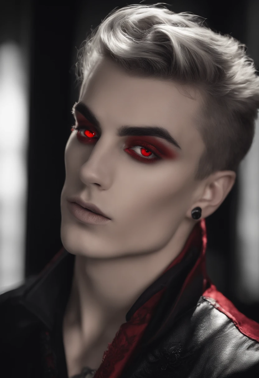 imagem fotorrealista de alta qualidade de um homem com cabelo preto e olhos vermelhos usando um estrangulamento, androgynous vampire, Vampire of the Urban Gangrel Clan, vampiro macho, macho vampiro mal macho tortuoso, vampiro masculino bonito, ((vermelho)) olhos baggy, Red eyes wearing gothic makeup, Batom preto olhos escuros penetrantes, com olhos assombrados e cabelos escuros. MALE Gender Neutral Androgen Handsome Young Man, sharp jaw, masculine features, Pele de Porcelana