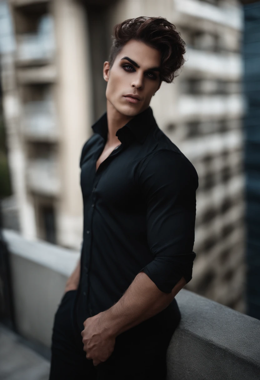 imagem fotorrealista de alta qualidade de um homem com cabelo preto e olhos vermelhos usando um estrangulamento, androgynous vampire, Vampire of the Urban Gangrel Clan, vampiro macho, macho vampiro mal macho tortuoso, vampiro masculino bonito, ((vermelho)) olhos baggy, Red eyes wearing gothic makeup, Batom preto olhos escuros penetrantes, com olhos assombrados e cabelos escuros. MALE Gender Neutral Androgen Handsome Young Man, sharp jaw, masculine features, Pele de Porcelana