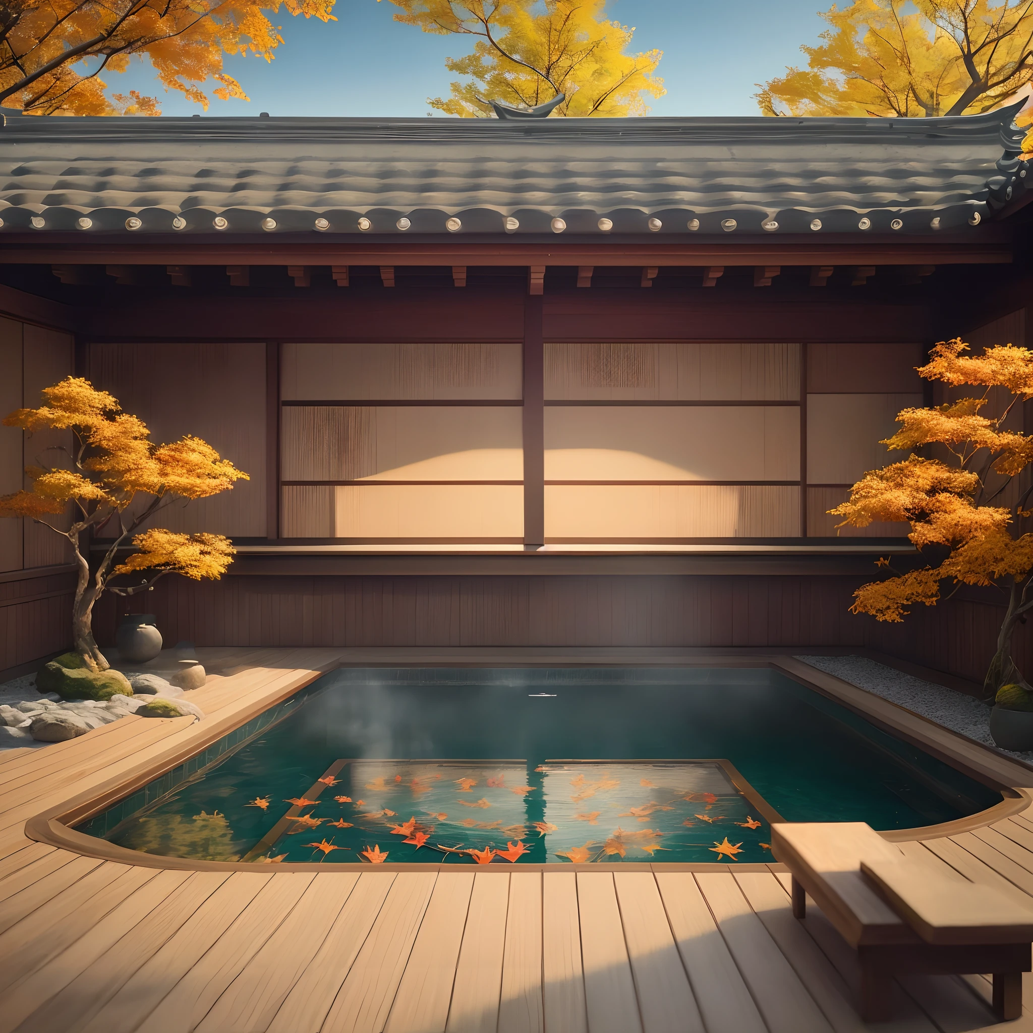 (A hyper-realistic), (hight resolution), (8K), (ighly detailed), (beatiful detailed eyes), (top-quality), (ultra-detailliert), (masterpiece), (Detailed face), (masutepiece、Photoreal Stick)(masterpiece:1.3)、A tourist destination with beautiful autumn leaves、A venerable luxury hot spring inn、Luxurious Japanese-style room with open-air bath、The ultra -The high-definition、Precise depiction、With an angle that looks like it was taken by a professional photographer、With proper lighting、