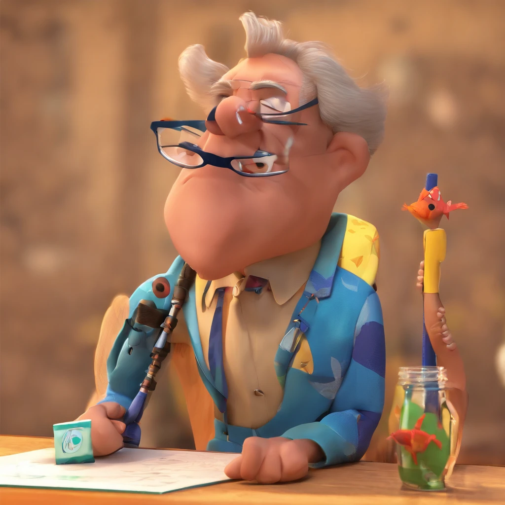 Crie um cartaz inspirado na Disney Pixar com o personagem sendo o deputado Keniston Braga, A white-haired man wearing glasses, the scene will be in Pixar's distinctive digital art style. Focus on character expressions, Vibrant colors and detailed textures present your animations, with the title " Keniston Braga no meio, Quero a cena dos principais filmes do PIXar