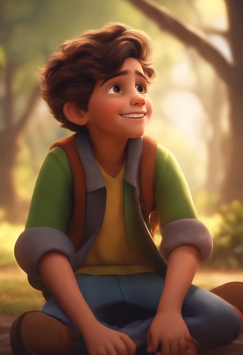 Image of a boy for a story in a YouTube video in Pixar format, He's the  allabester, He's the class leader, He's outgoing, Playful and gets up for a lot of things, cabelo curto