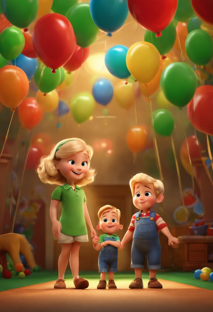 create a Pixar-inspired 3D poster capturing a scene of a couple of 3--oldsth with shoulder-length blonde hair, He in a green polo shirt and denim shorts and she in a flowery dress with red ribbon at the waist parading hand in hand on a green carpet with balloons around the carpet at the nursery where they study.
