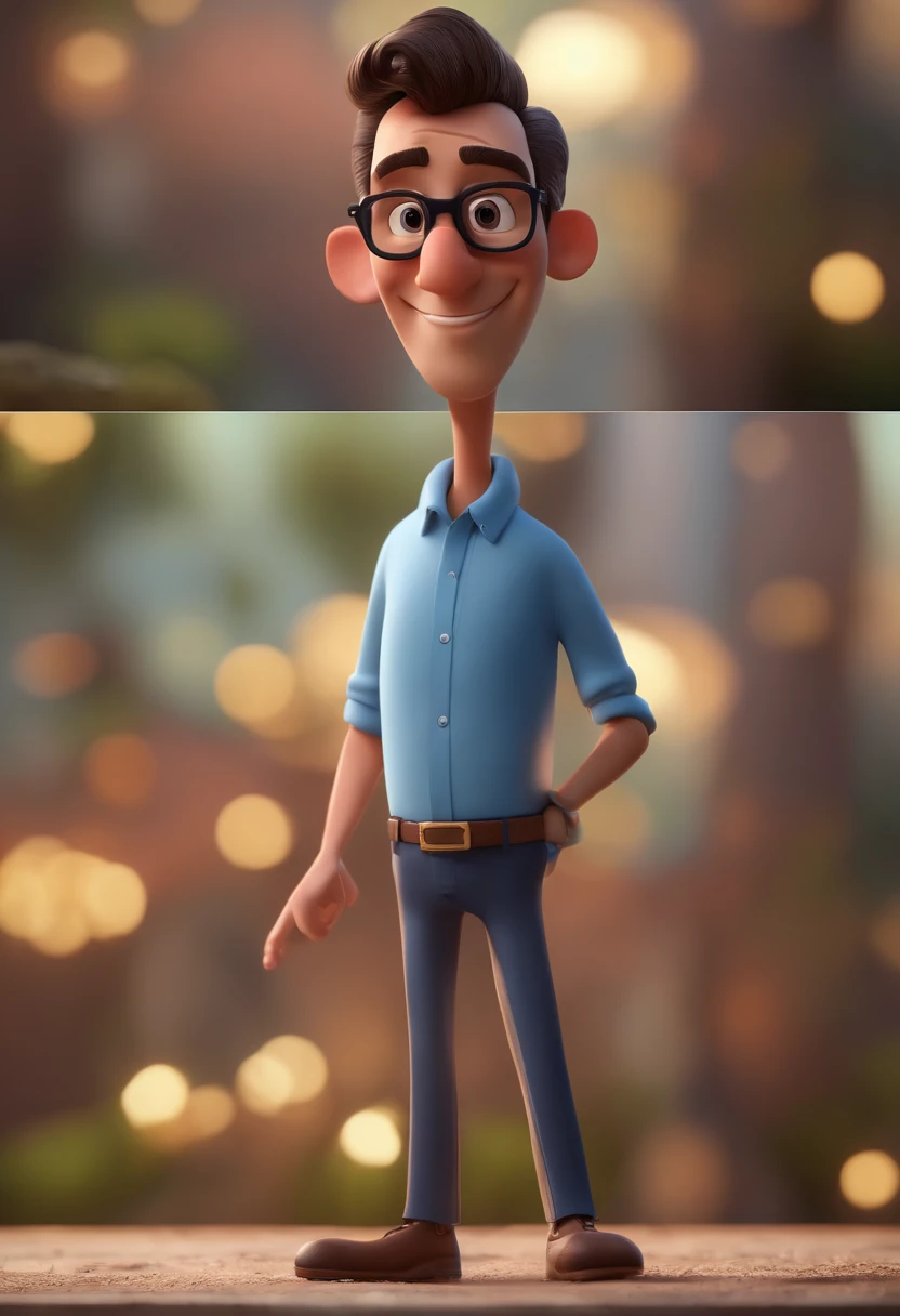Cartoon character of a man with black glasses and a blue shirt, animation character, Caractere estilizado, animation style rendering, 3D estilizado, Arnold Maya render, 3 d render stylized, toon render keyshot, Personagem 3D, Personagem 3D, 3d rendering stylized, 3 d character render, personagem de desenho animado, Personagem de close up, Pose de personagem,  (Estilo Pixar) (master part:1.2) (Bokeh) (best quality) (pele detalhada) (textura detalhada) (8k) (argila) (Cinematic lighting) (foco nítido