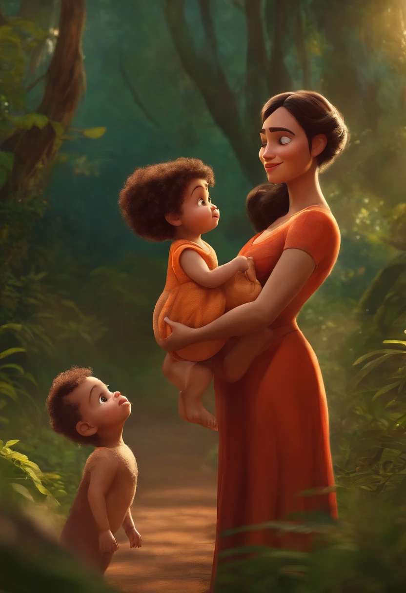 Pai, Mother and a baby. Muito felizes, passeando na floresta, estilo Disney pixar