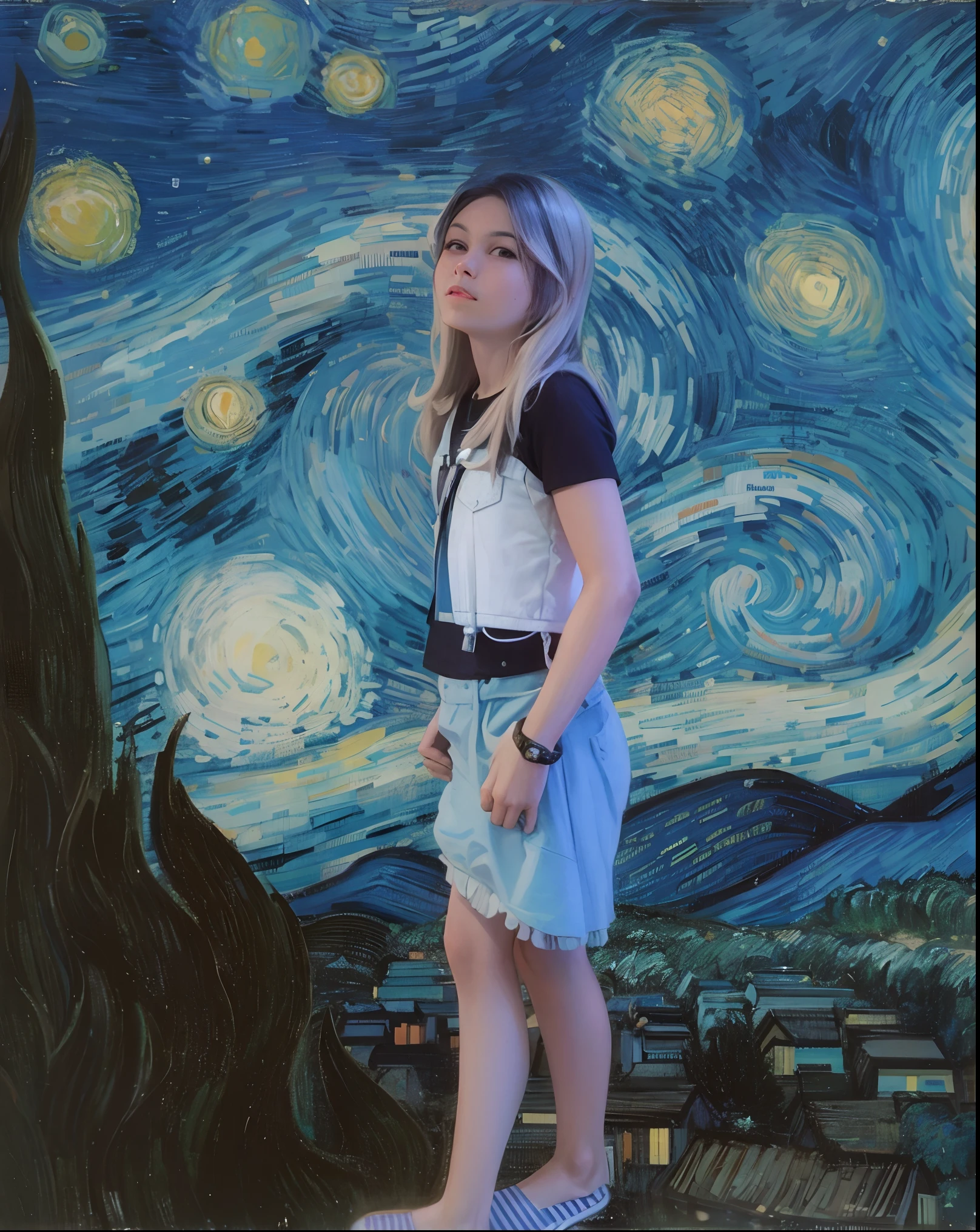 Woman standing on a skateboard in front of a frame, Estilo de Van Gogh Starry Night, Na Noite Estrelada, em estilo de van gogh, inspirado em Vincent Van Gogh, inspirado em Van Gogh, Estilo Van Gogh, Estilo Vincent van Gogh, Estilo de Van Gogh, Estilo de Vincent van Gogh, inspirado em Vincent Pepi, Estilo de arte Van Gogh