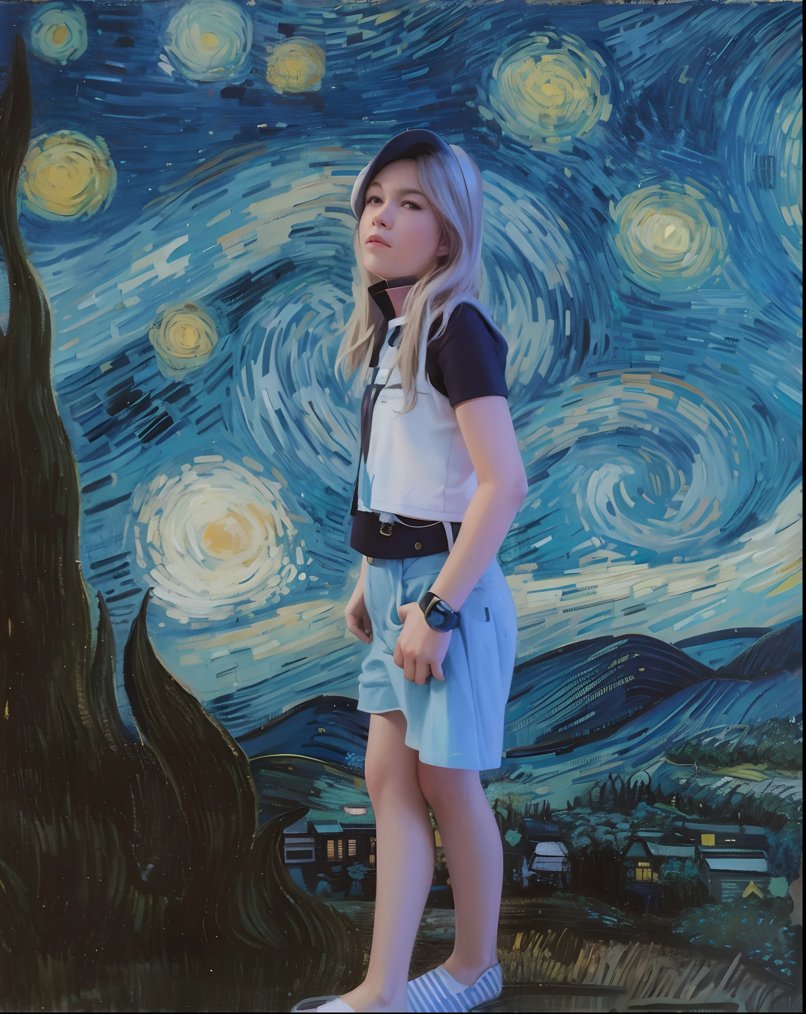 Woman standing on a skateboard in front of a frame, Estilo de Van Gogh Starry Night, Na Noite Estrelada, em estilo de van gogh, inspirado em Vincent Van Gogh, inspirado em Van Gogh, Estilo Van Gogh, Estilo Vincent van Gogh, Estilo de Van Gogh, Estilo de Vincent van Gogh, inspirado em Vincent Pepi, Estilo de arte Van Gogh