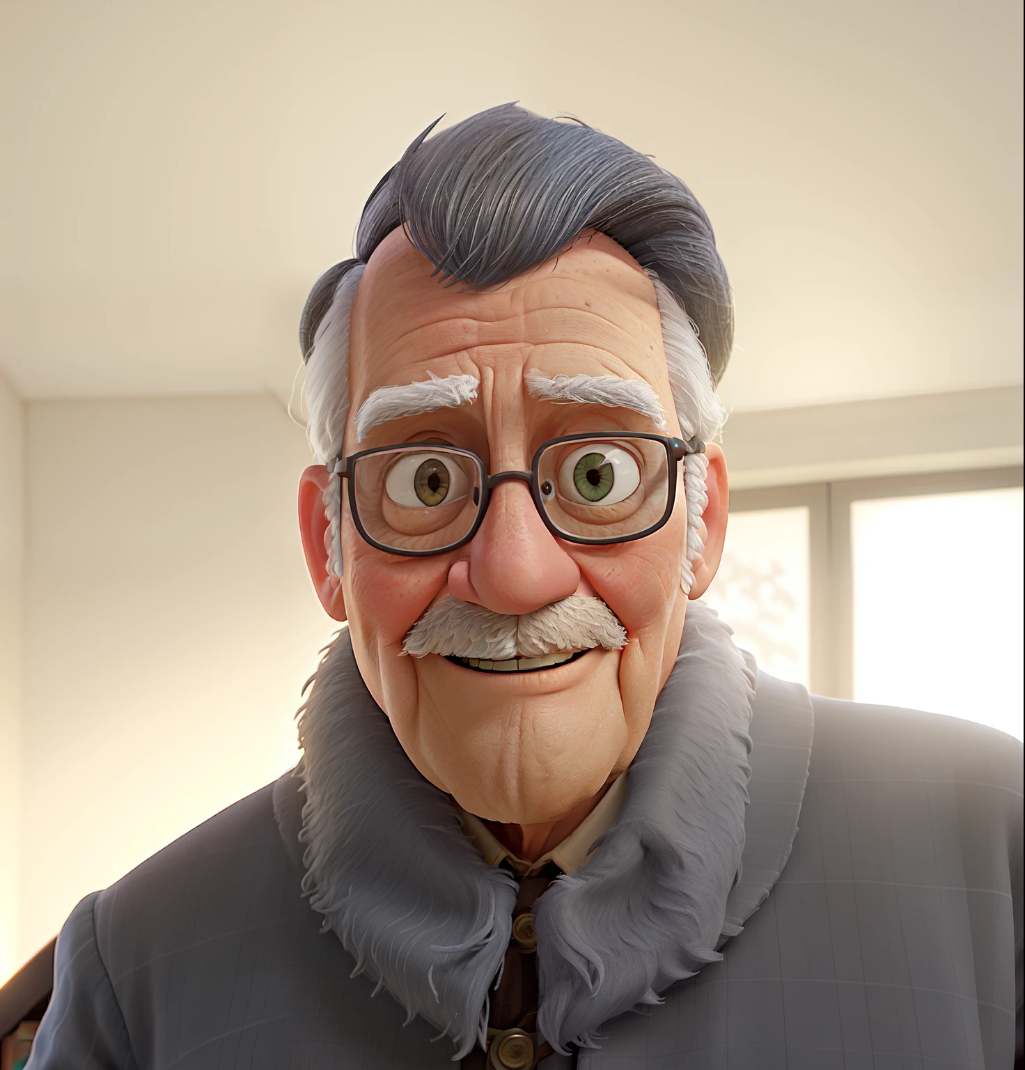 A wise old man standing in front, illuminated by the light of a lamp, against the backdrop of a library