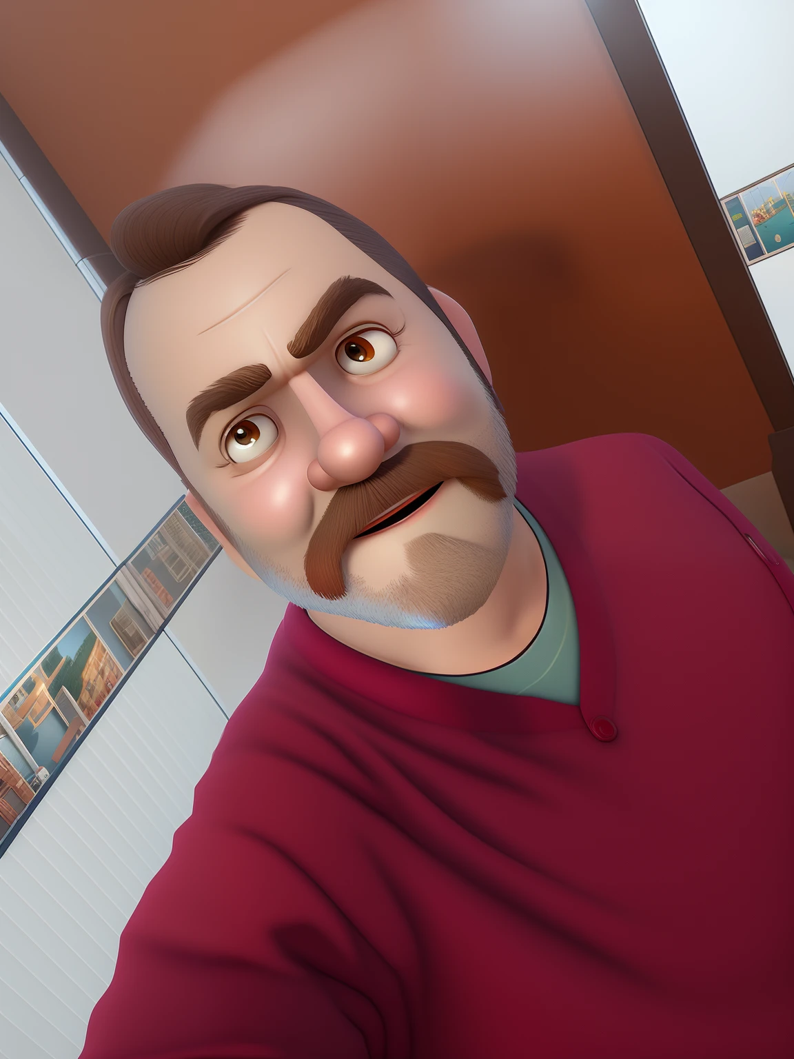 personagem de desenho animado de um homem com um bigode e uma camisa, pixar retrato 8 k foto, Pixar's Renderman rendering, Como um personagem da Pixar, renderizar na pixar, Personagem de close up, Representado como um personagem da Pixar, personagem pixar, Renderman da Pixar, Arnold Maya render, Personagem ideal da Pixar, animado ainda, animation character, animated film, close - retrato facial de cima