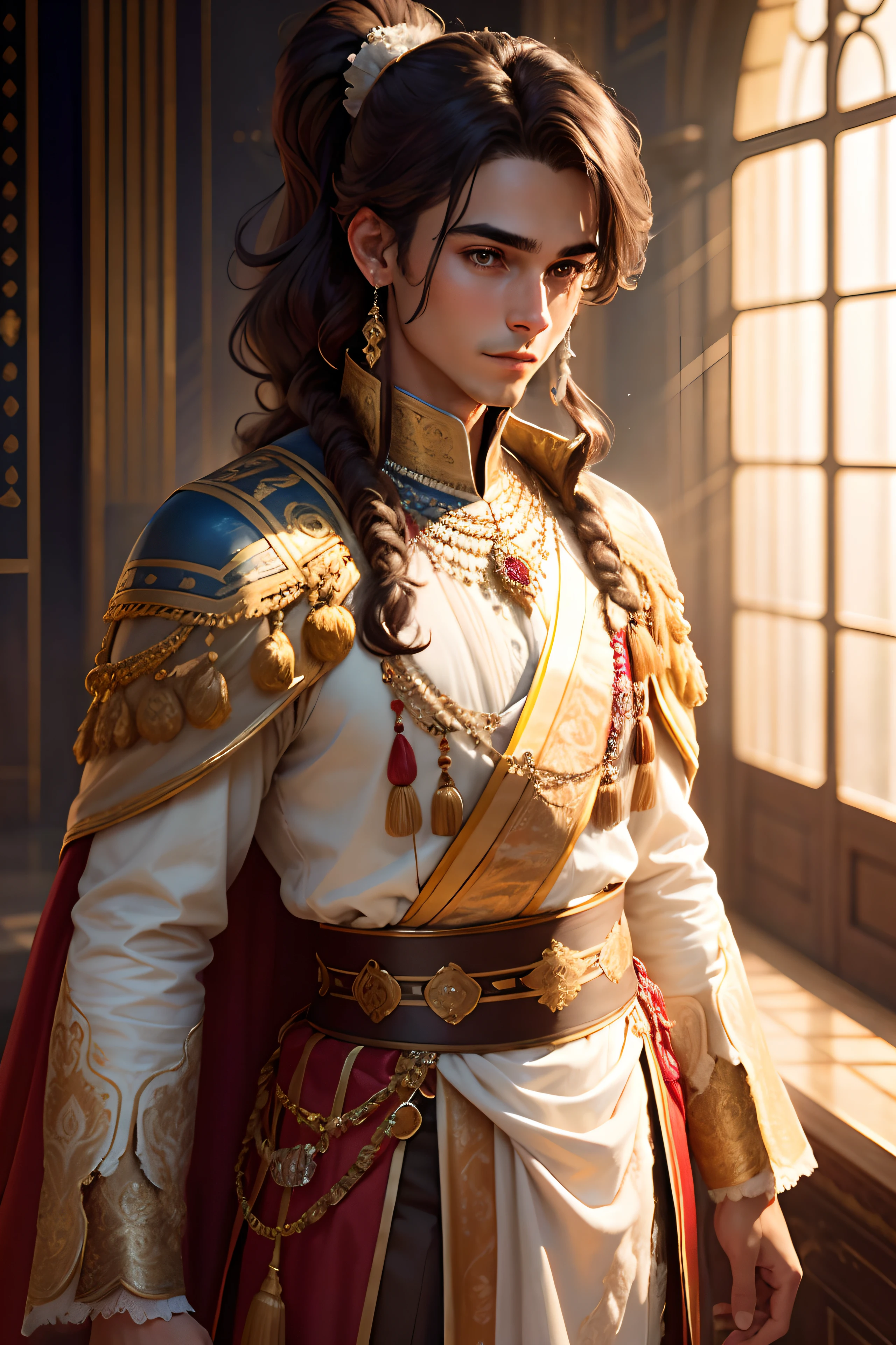 young prince in a palace, luxury royal palace, volumetric lighting, 8k resolution, photorealistic, ultra-high quality, opulent detailed background, medium length dark brown hair, messy ponytail, wearing a fancy royal indian battle armor, having fun