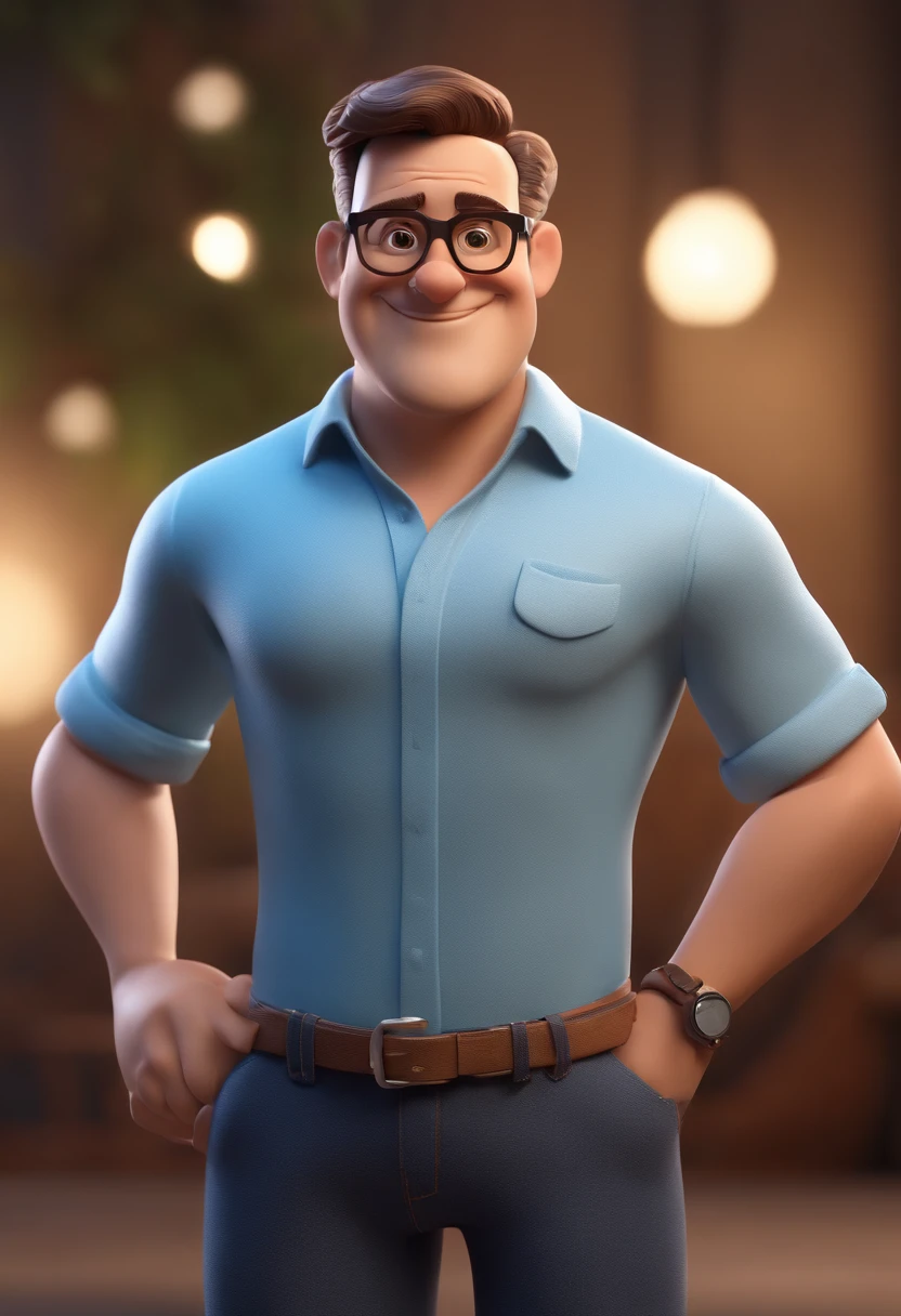 Cartoon character of a man with glasses and a blue shirt, animation character, Caractere estilizado, animation style rendering, 3D estilizado, Arnold Maya render, 3 d render stylized, toon render keyshot, Personagem 3D, Personagem 3D, 3d rendering stylized, 3 d character render, personagem de desenho animado, Personagem de close up, Pose de personagem, (Estilo Pixar) (master part:1.2) (Bokeh) (best quality) (pele detalhada) (textura detalhada) (8k) (argila) (Cinematic lighting) (foco nítido