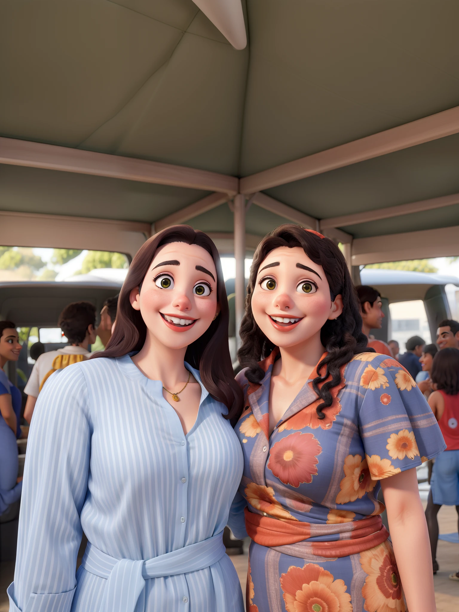Create a best quality image inspired by pixar in 3d with a white woman with light brown wavy hair hugging a brunette woman with dark hair and dark eyes wearing a red dress