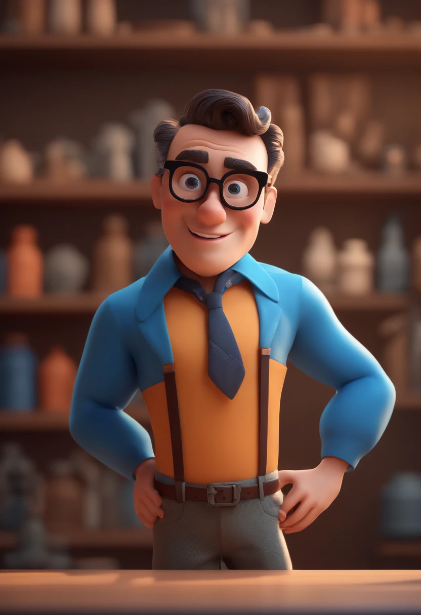 Cartoon character of a man with black glasses and a blue shirt, animation character, Caractere estilizado, animation style rendering, 3D estilizado, Arnold Maya render, 3 d render stylized, toon render keyshot, Personagem 3D, Personagem 3D, 3d rendering stylized, 3 d character render, personagem de desenho animado, Personagem de close up, Pose de personagem,  (Estilo Pixar) (master part:1.2) (Bokeh) (best quality) (pele detalhada) (textura detalhada) (8k) (argila) (Cinematic lighting) (foco nítido