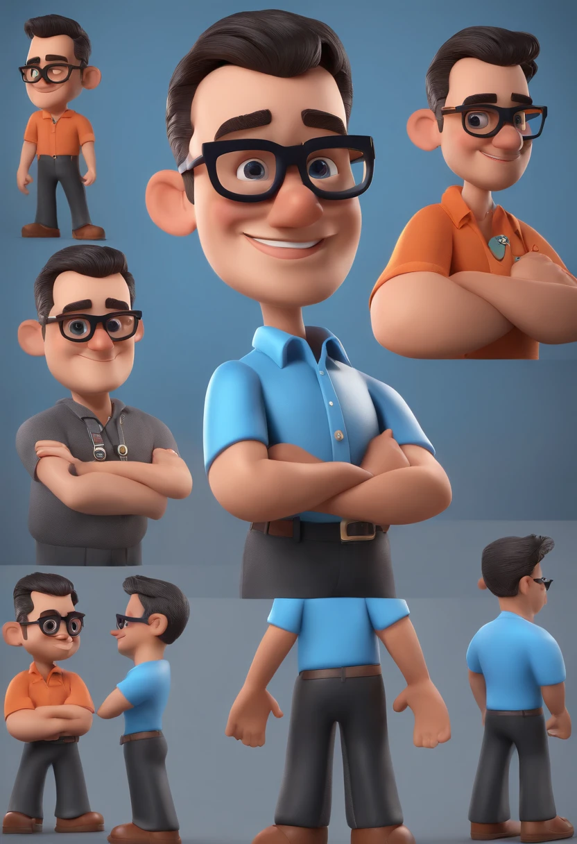 Cartoon character of a man with black glasses and a blue shirt, animation character, Caractere estilizado, animation style rendering, 3D estilizado, Arnold Maya render, 3 d render stylized, toon render keyshot, Personagem 3D, Personagem 3D, 3d rendering stylized, 3 d character render, personagem de desenho animado, Personagem de close up, Pose de personagem,  (Estilo Pixar) (master part:1.2) (Bokeh) (best quality) (pele detalhada) (textura detalhada) (8k) (argila) (Cinematic lighting) (foco nítido