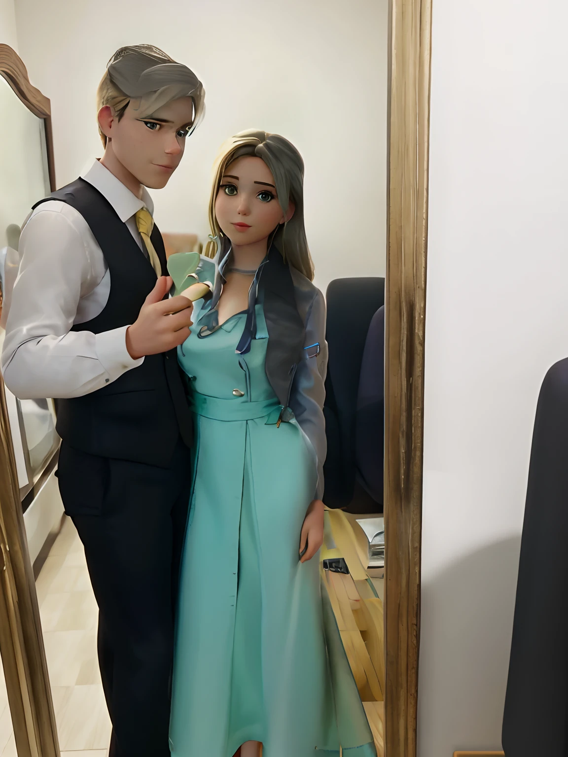 There's a blond man in a suit, bem vestido, e uma mulher de vestido longo cabelos compridos e ondulados, tirando uma selfie em um espelho.