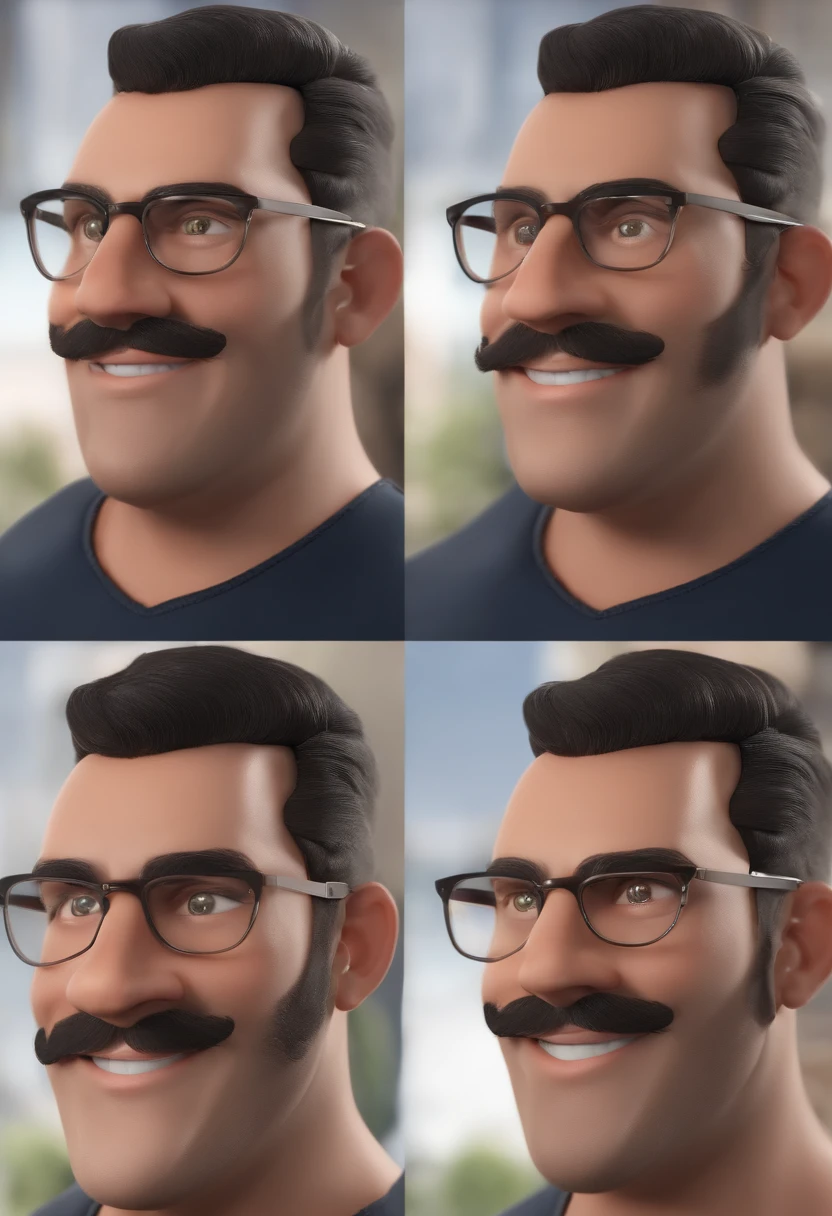 Personagem de desenho animado de um homem da cor pardo cabelos castanhos medio, 27 anos, rosto redondo, A few lines of expressions on the forehead, sorriso lardo com os dentes grande , 79 kilos , olhos castanhos escuros e uma camisa azul, um personagem animado, Caractere estilizado, animation style rendering, 3D estilizado, Arnold Maya render, 3 d render stylized, toon render keyshot, Personagem 3D, Personagem 3D, 3d rendering stylized, 3 d character render, personagem de desenho animado, Personagem de close up, Pose de personagem,  (Estilo Pixar) (master part:1.2) (Bokeh) (best quality) (pele detalhada) (textura detalhada) (8k) (argila) (Cinematic lighting) (foco nítido