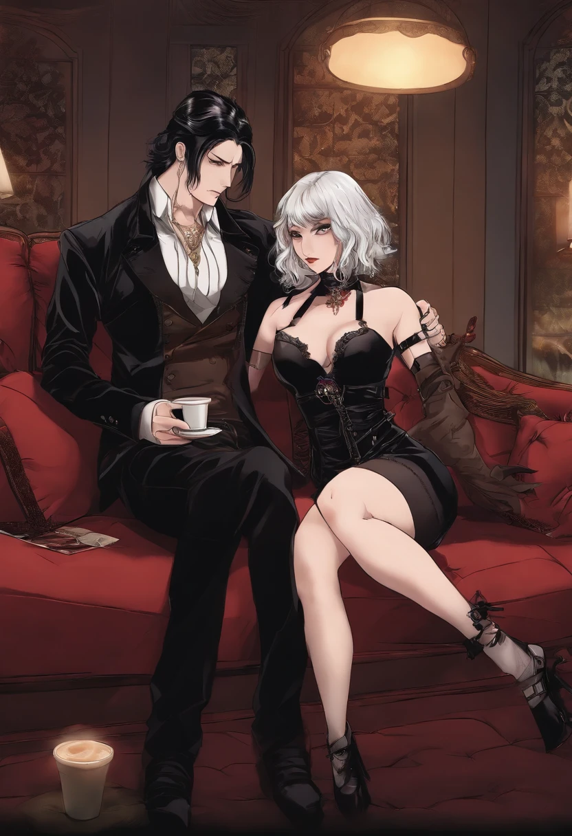 Anime style, poster of a busty, dominant, short, stern goth woman, having her death metal Starbucks barista boyfriend on a leash. She is straddling him on the couch.