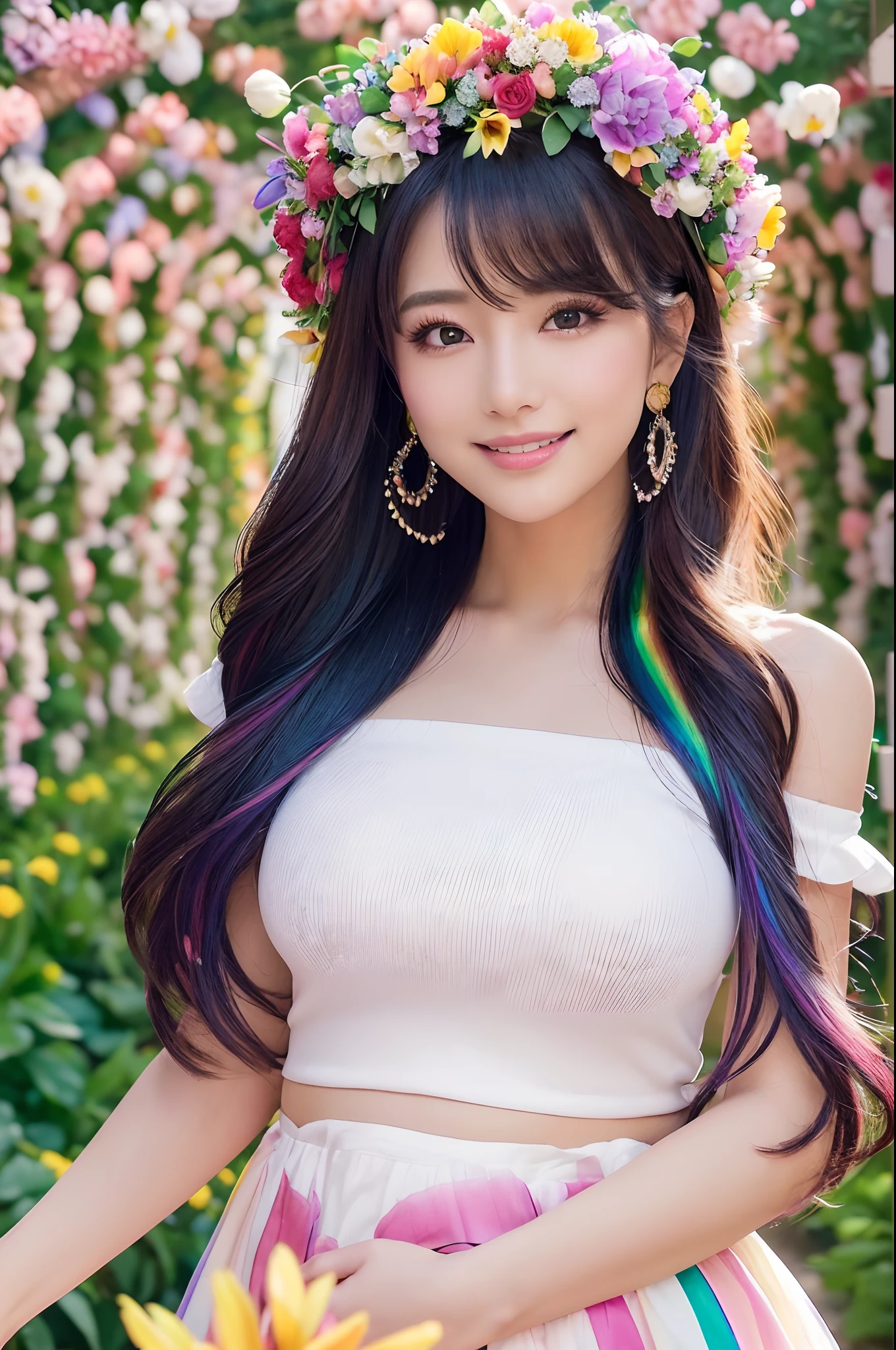 ((1 girl,Pregnant,Maybe photoreal,White off-the-shoulder T-shirt,a miniskirt,large full breasts,Photograph the whole body,thighs thighs thighs thighs,The biggest smile staring at the camera,Big smile,Looking at the camera)),((((Flower Arch,Flower Tunnel,a large amount of flowers,Surrounded by flowers,the flower crown,Flower Garden,Detailed flower garden,Filled with flowers,A tunnel full of flowers,Arch full of flowers,Everything is full of flowers,Fill with flowers without gaps,The whole thing is colorful,Everything is colorful,One of the largest flower gardens in the world,Complex Flower Tunnel,Intricate floral arches,Very bright flowers))))colourful hair、A bracelet,耳Nipple Ring,gyuru,Perfect makeup,Scrunchie,Glitter powder on the face,Vertical Painting、Exquisite makeup、long eyeslashes、looking at the spectator、rainbow-colored hair, Top image quality, Top image quality, masterpiece, 独奏, depth of fields, (elegent: 1.2), a gorgeous,length hair, the wind, (elegent: 1.3), (((masterpiece)))、(((top-quality)))、((ultra-detailliert))、((beautifull detailed face))、colourful hair、(((striated hair))、beatiful detailed eyes、((((a high chroma))))