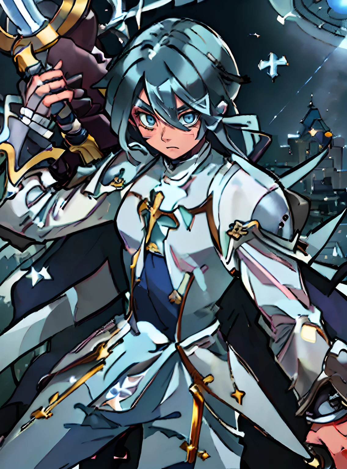 ((Sistermon Ciel as a boy)),((1boy:1.2)),(solo), ((dark blue hair)),long hair,very long hair,((white battlepriest outfit)),one eye covered,long sleeves,STANCE,star \(sky\),(masterpiece), (best quality), HDR, intricate detail, ((high quality, high Aesthetic,Masterpiece )),(( light blue Mouse Habit)),((Holding a sword towards viewer)), ((Anime))