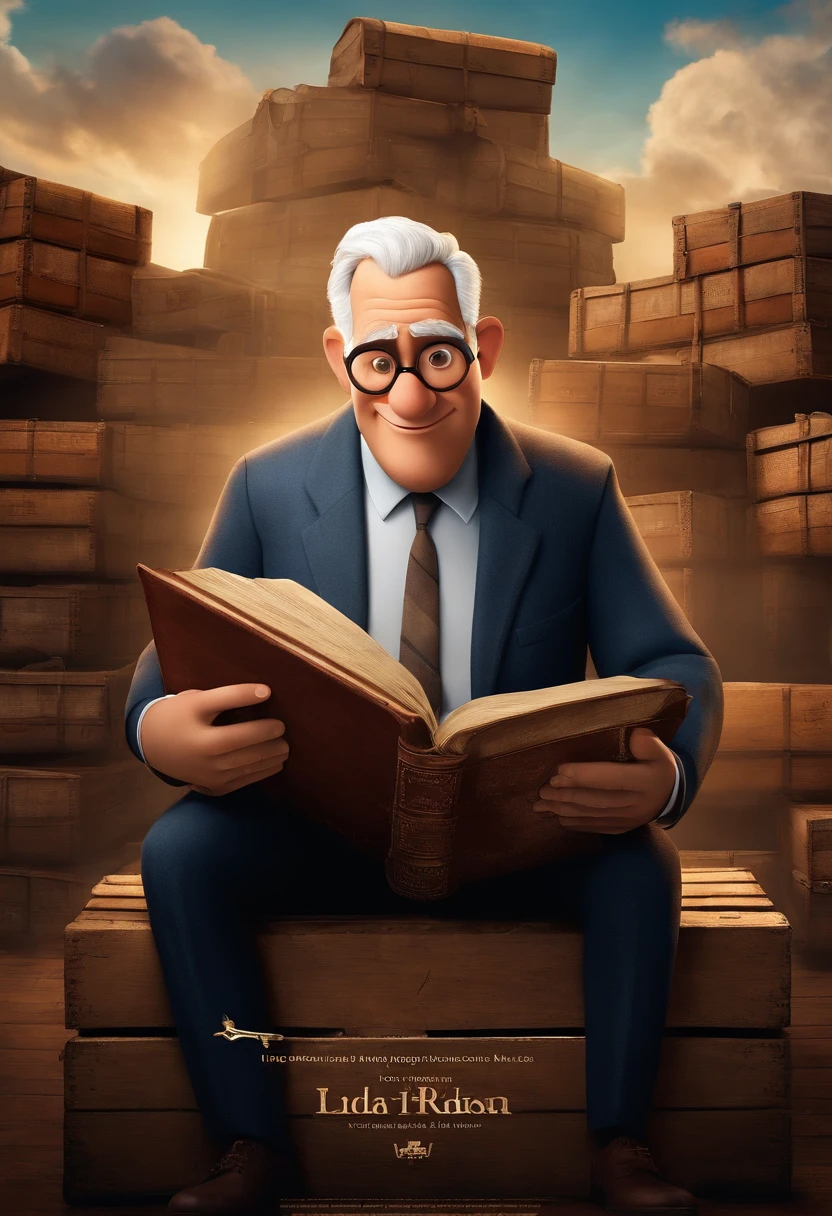 Disney Pixar film poster a title in Portuguese with the title: THE LEGACY

a short white man with chubby white hair aged 60
on top of a crate, wearing a suit and tie with a Bible in his hand