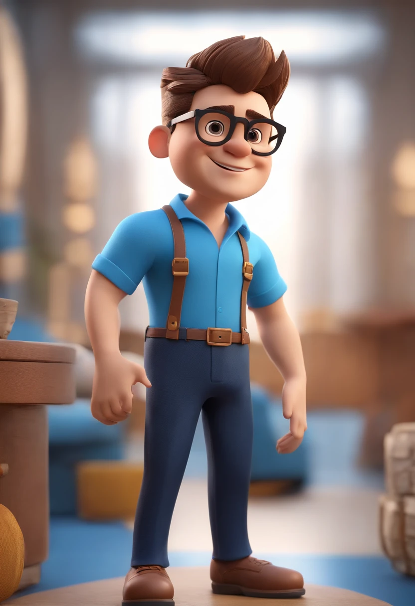 Cartoon character of a man wearing black glasses and a blue shirt, um personagem animado, Caractere estilizado, animation style rendering, 3D estilizado, Arnold Maya render, 3 d render stylized, toon render keyshot, Personagem 3D, Personagem 3D, 3d rendering stylized, 3 d character render, personagem de desenho animado, Personagem de close up, Pose de personagem, (Estilo Pixar) (master part:1.2) (Bokeh) (best quality) (pele detalhada) (textura detalhada) (8k) (argila) (Cinematic lighting) (foco nítido，Senta e vaza a parte superior do corpo