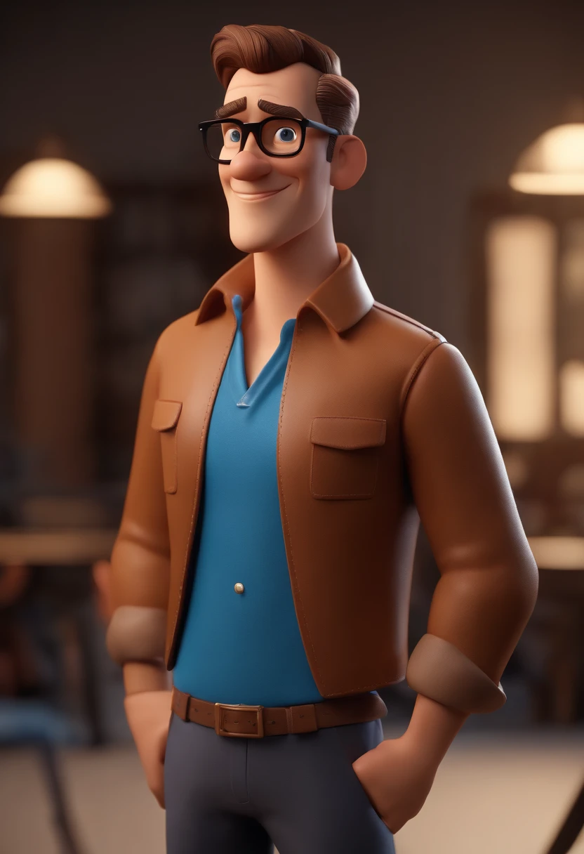 Cartoon character of a man wearing black glasses and a blue shirt, um personagem animado, Caractere estilizado, animation style rendering, 3D estilizado, Arnold Maya render, 3 d render stylized, toon render keyshot, Personagem 3D, Personagem 3D, 3d rendering stylized, 3 d character render, personagem de desenho animado, Personagem de close up, Pose de personagem, (Estilo Pixar) (master part:1.2) (Bokeh) (best quality) (pele detalhada) (textura detalhada) (8k) (argila) (Cinematic lighting) (foco nítido,Senta e vaza a parte superior do corpo