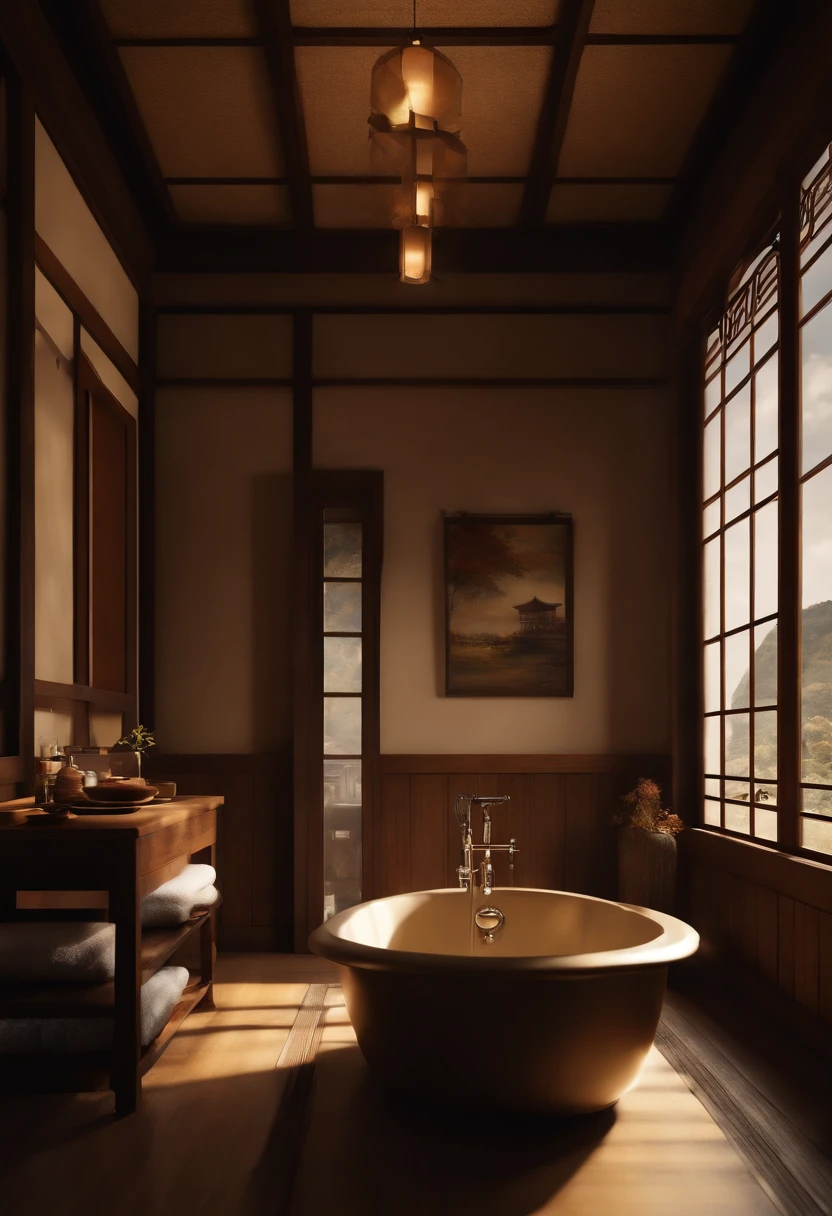 (A hyper-realistic), (hight resolution), (8K), (ighly detailed), (beatiful detailed eyes), (top-quality), (ultra-detailliert), (masterpiece), (Detailed face), (masutepiece、Photoreal Stick)(masterpiece:1.3)、A tourist destination with beautiful autumn leaves、A venerable luxury hot spring inn、Luxurious Japanese-style room with open-air bath、The ultra -The high-definition、Precise depiction、With an angle that looks like it was taken by a professional photographer、With proper lighting、