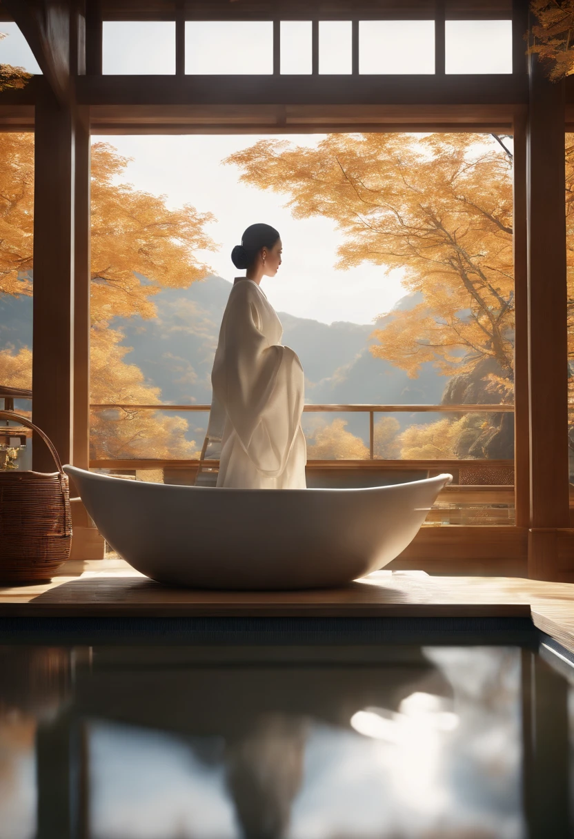 (A hyper-realistic), (hight resolution), (8K), (ighly detailed), (beatiful detailed eyes), (top-quality), (ultra-detailliert), (​masterpiece), (Detailed face), (masutepiece、Photoreal Stick)(​masterpiece:1.3)、A tourist destination with beautiful autumn leaves、A venerable luxury hot spring inn、Luxurious Japanese-style room with open-air bath、The ultra -The high-definition、Precise depiction、With an angle that looks like it was taken by a professional photographer、With proper lighting、