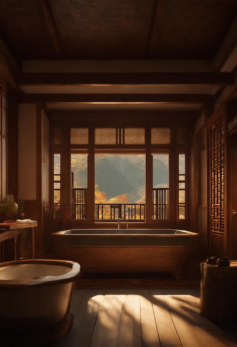 (A hyper-realistic), (hight resolution), (8K), (ighly detailed), (beatiful detailed eyes), (top-quality), (ultra-detailliert), (masterpiece), (Detailed face), (masutepiece、Photoreal Stick)(masterpiece:1.3)、A tourist destination with beautiful autumn leaves、A venerable luxury hot spring inn、Luxurious Japanese-style room with open-air bath、The ultra -The high-definition、Precise depiction、With an angle that looks like it was taken by a professional photographer、With proper lighting、