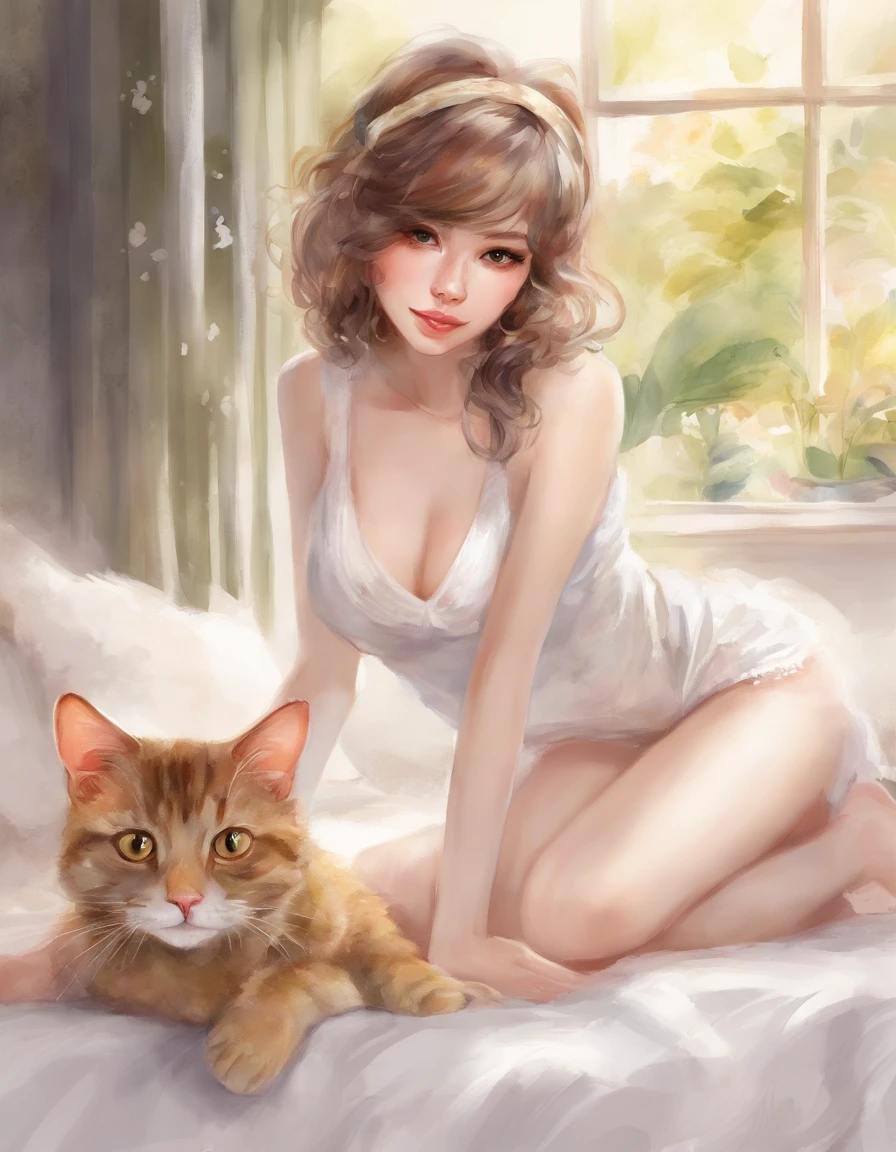 lying, paw pose, cat costume, white clothes, bikini, best hands, a girl, 20 years old, medium hair, medium breast, light brown hair, blush, sleepy, large yellow eyes, night, bedroom, absurdres, extremely detailed, wallpaper 8k CG
