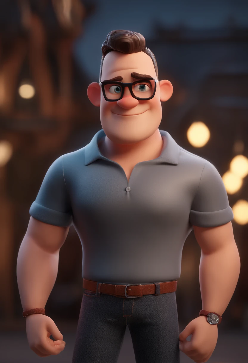 Cartoon character of a man with black glasses and a black shirt with red sleeves , Fat and Bald Animation Character Stylized Character, animation style rendering, 3D estilizado, render, 3 d render stylized, toon render keyshot, Personagem 3D, Personagem 3D, 3d rendering stylized, 3 d character render, personagem de desenho animado, Personagem de close up, Pose de personagem, (Estilo Pixar) (master part:1.2) (Bokeh) (best quality) (pele detalhada) (textura detalhada) (8k) (argila) (Cinematic lighting) (foco nítido