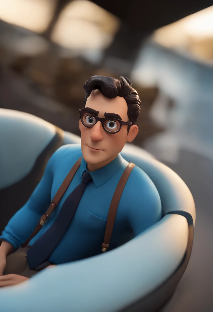 Cartoon character of a man wearing black glasses and a blue shirt, um personagem animado, Caractere estilizado, animation style rendering, 3D estilizado, Arnold Maya render, 3 d render stylized, toon render keyshot, Personagem 3D, Personagem 3D, 3d rendering stylized, 3 d character render, personagem de desenho animado, Personagem de close up, Pose de personagem, (Estilo Pixar) (master part:1.2) (Bokeh) (best quality) (pele detalhada) (textura detalhada) (8k) (argila) (Cinematic lighting) (foco nítido,Senta e vaza a parte superior do corpo