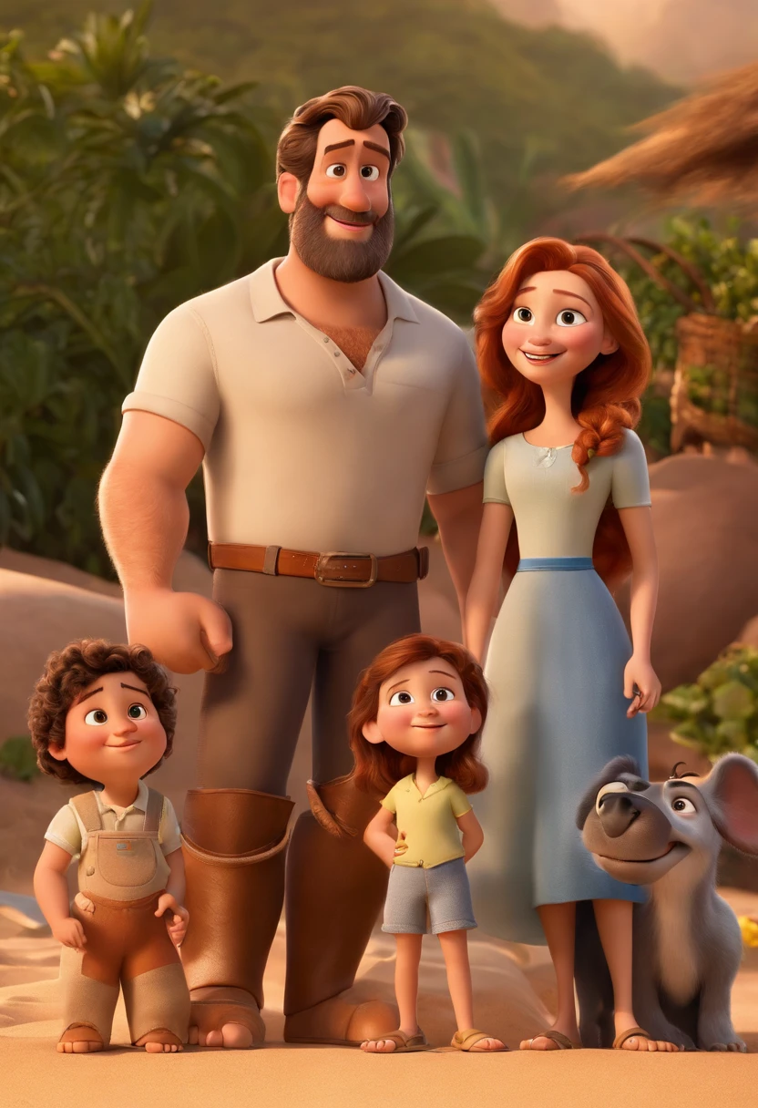 a Disney Pixar movie poster showing a white-skinned family. The father is the tallest, Tem barba curta, loiro, cabelos curtos e espinhosos. The mother has brown eyes and hair, shoulder-length and is slightly overweight. A menina tem 4 anos e cabelos castanhos, roupa rosa e rabos de cavalo. The background is a beach garden. 3D-rendering