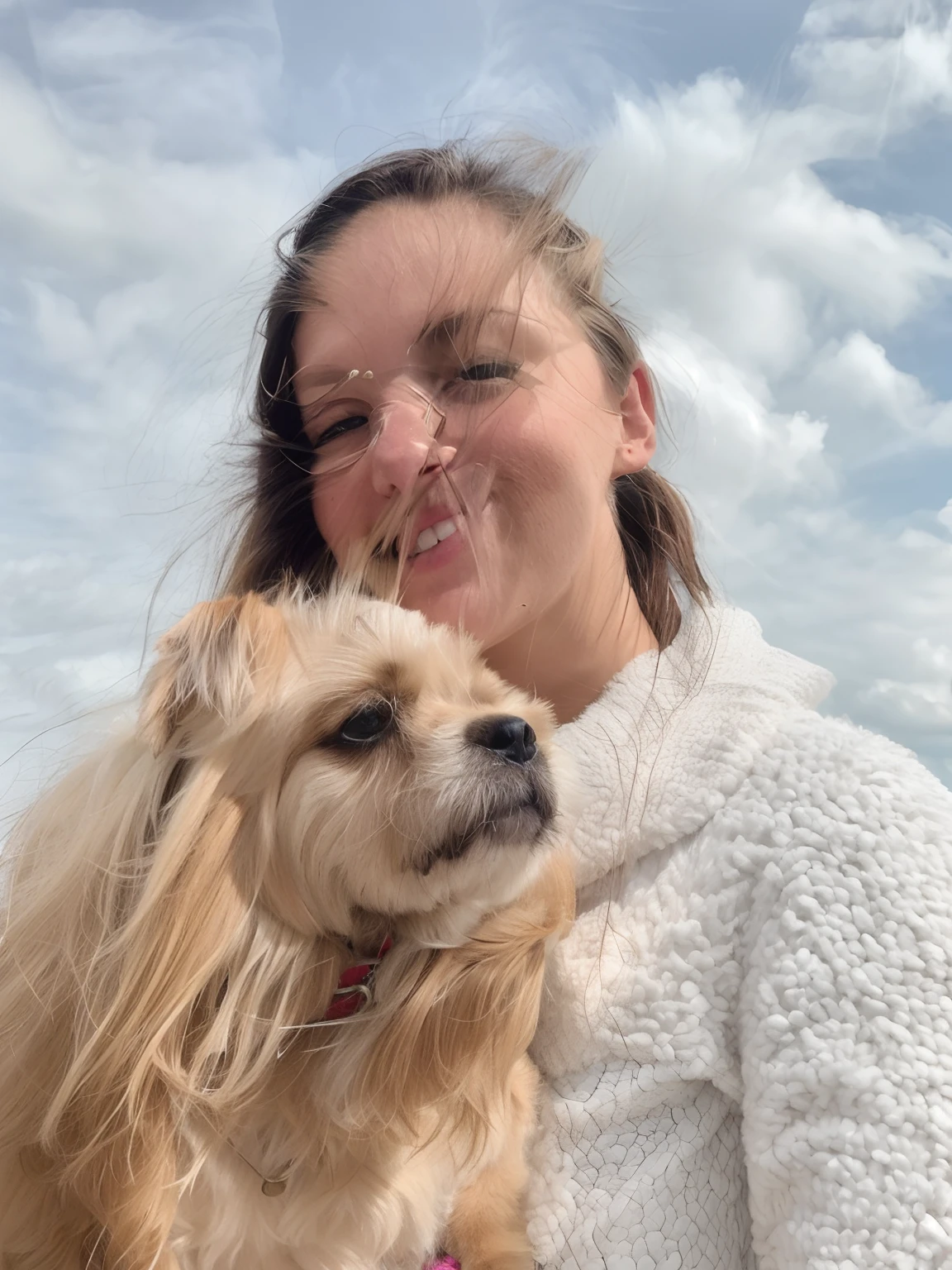 There is a woman holding a dog in her arms, segurando um pug para uma foto, Emily Rajtkowski, headshot of young female furry, Directed by: Emma Andijewska, selfie of a dog, Alexandra Waliszewska, with dogs, retrato detalhado, retrato de alta qualidade, Jenna Barton, Katey Truhn, imagem do avatar, segurando seu yorkshire terrier
