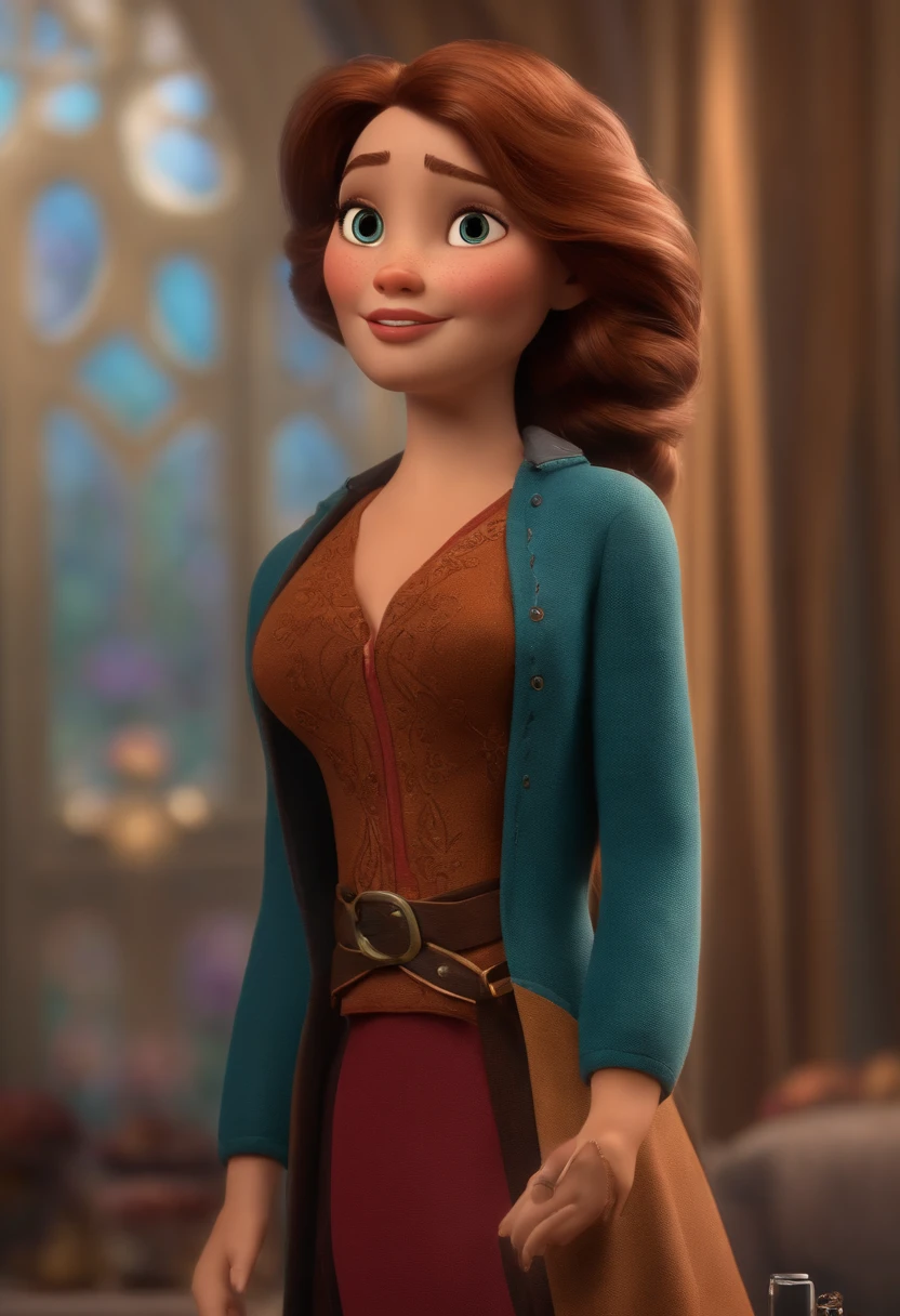 Make a Disney Pixar 3D Family Style Picture, mulher de 37 anos, alta, corpo medio, cabelo loiro com mechas acinzentadas, olho castanho claro, rosto quadrado