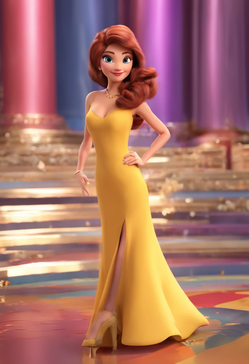 "(best quality,ultra-detalhado,Realistic:1.37),3D rendering,illustration,design de personagens,cabelos longos e cacheados escuros,belos olhos detalhado Estilo Pixar,morena mulher,Dancing on the Disney stage,atmosfera animada,vivid colors,luzes de palco,expression joyful"