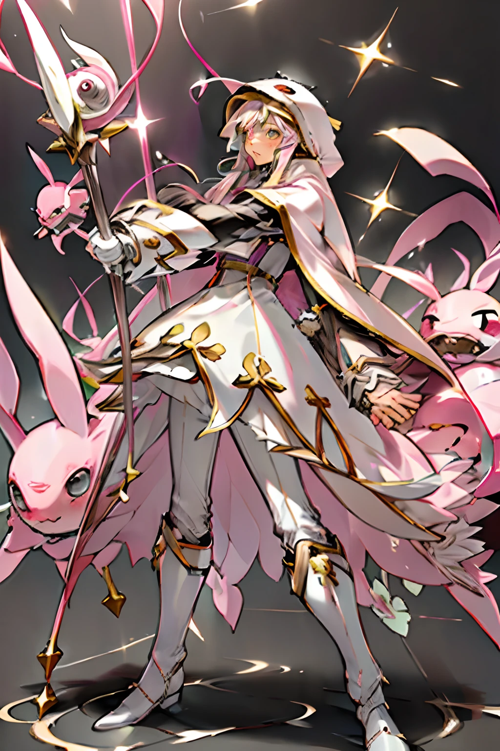 Handsome, slender, ((Sistermon Blanc as a Male)),(( 1boy, solo)), white hair, long hair, grey eyes, white footwear, blush, Priest robes, open mouth, simple background, bangs, blunt bangs, knee boots, long sleeves, sidelocks,((pink Rabbit Hood:1.2)),( high quality), high Aesthetic, ((masterpiece)), battlepriest